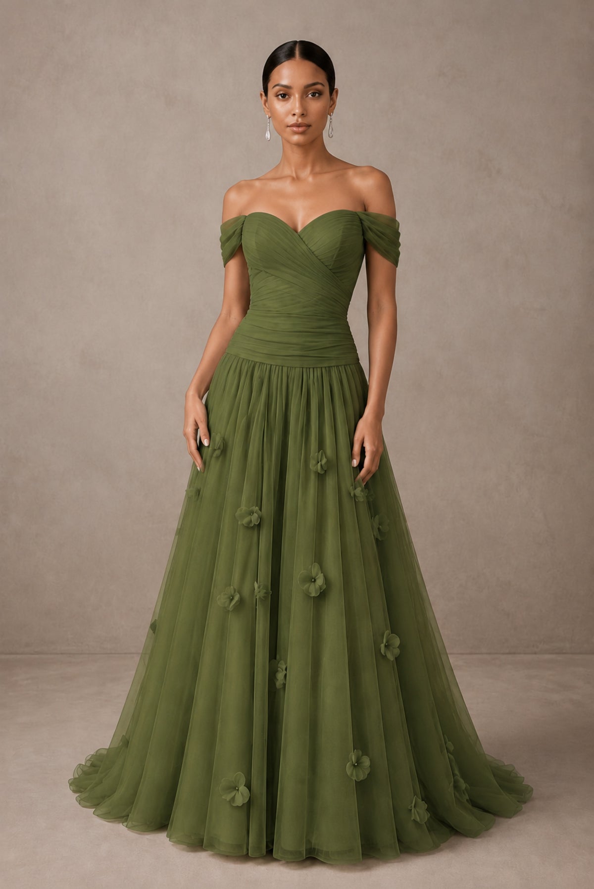 Olive Green Off-Shoulder Sweetheart A-Line Tulle Gown with 3D Floral Appliques | BOLODOO - Olive Green