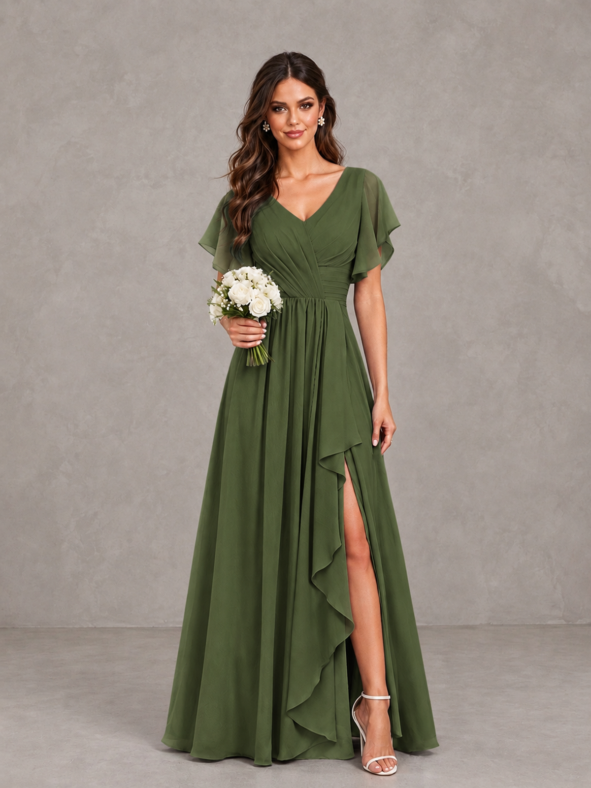 BOLODOO Olive Green Flutter Sleeve V-Neck Bridesmaid Dress with Ruffle Slit - Olive Green - Olive Green_1