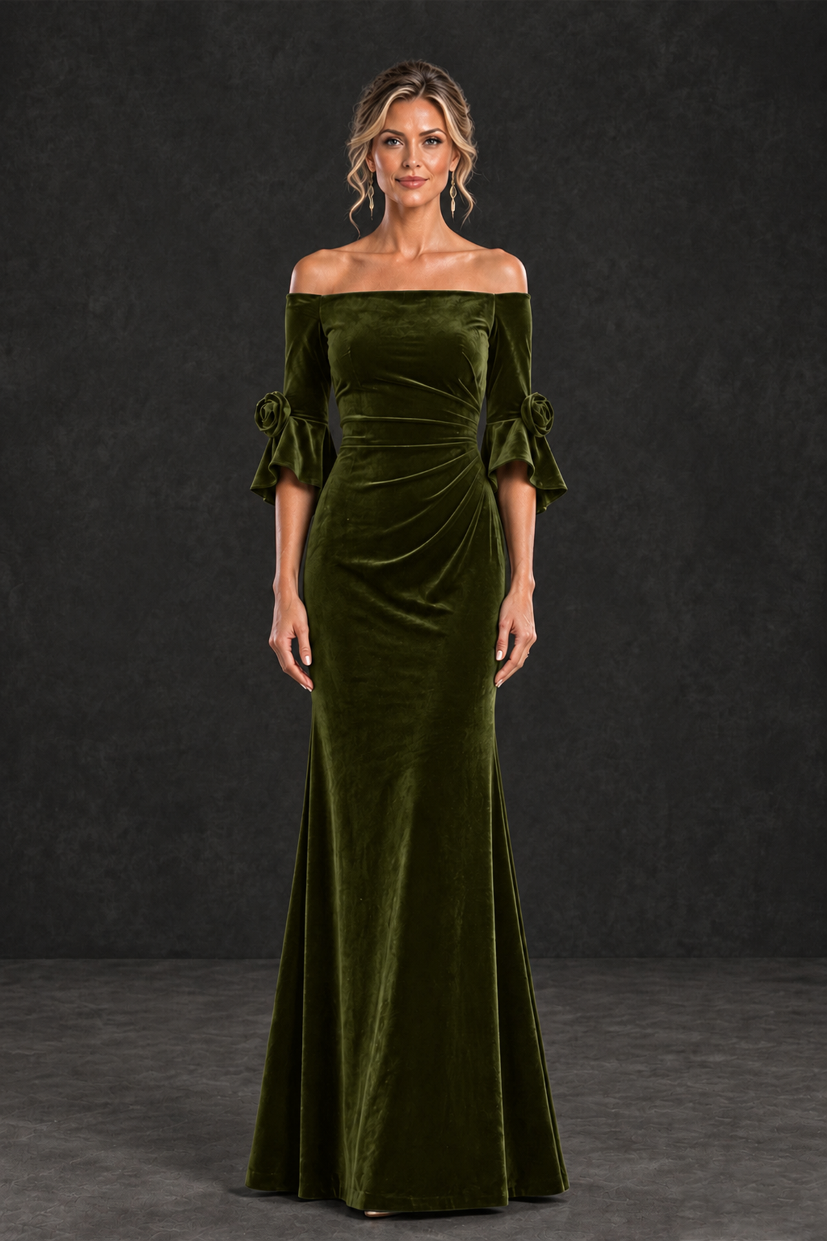 BOLODOO Olive Green Velvet Off-Shoulder Mother of the Bride Dress – 3/4 Floral Cuff Sleeve Mermaid Evening Gown - Olive Green - Olive Green_1