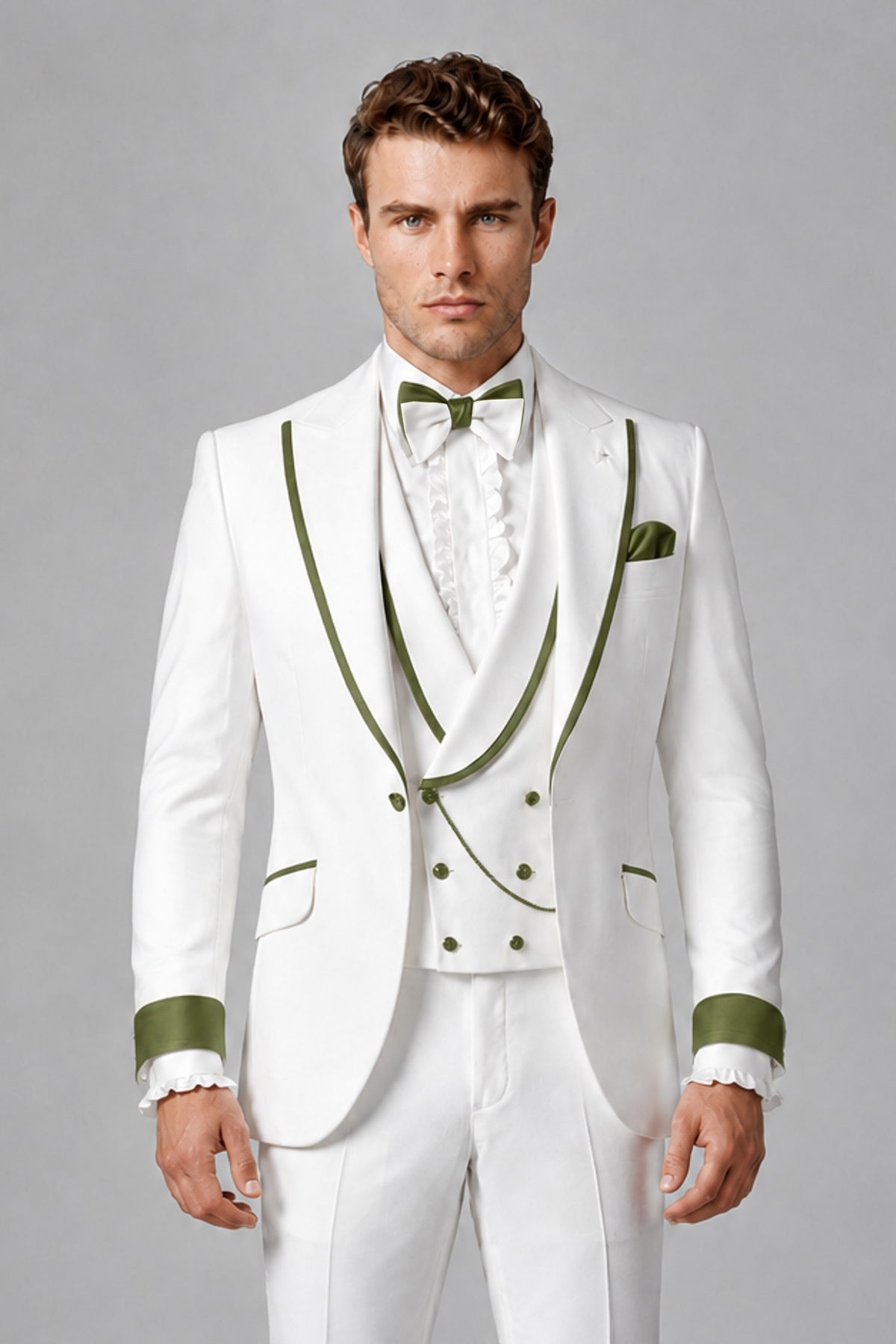 Bolodoo Men's White and Olive Green Three-Piece Wedding Tuxedo Suit - Olive Green - Olive Green_1
