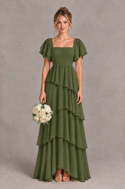 BOLODOO Olive Green Square Neck Flutter Sleeve Tiered Chiffon Bridesmaid Dress with Lace-Up Back - Olive Green - Olive Green_1