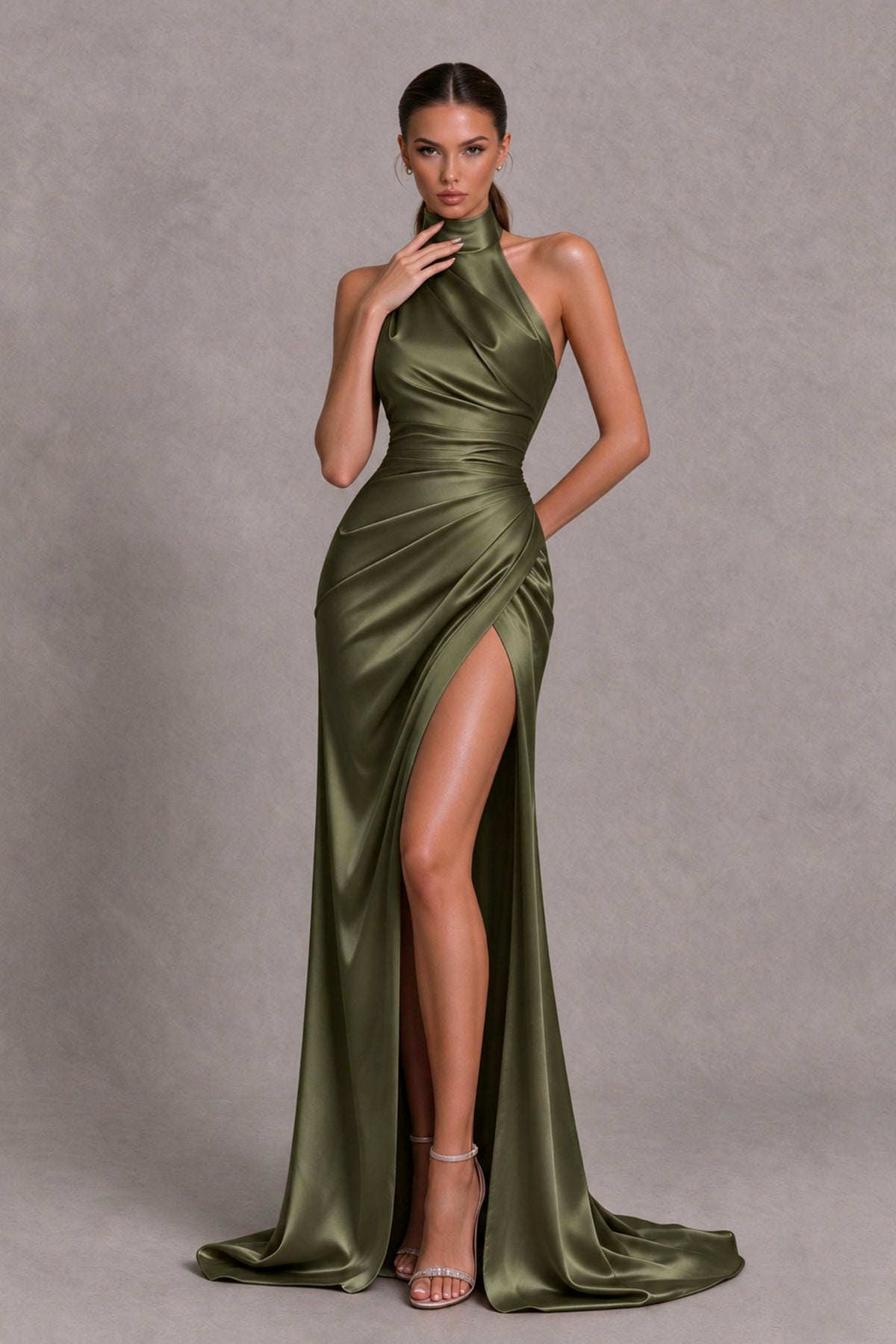 BOLODOO Olive Green Halter Satin-Look Evening Gown with High Slit - Olive Green - Olive Green_1