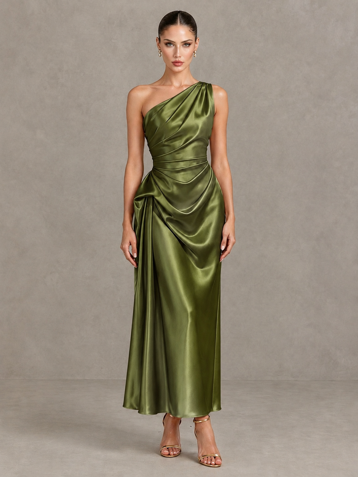 BOLODOO Olive Green One Shoulder Satin Cocktail Dress with Draped A-Line Skirt - Olive Green - Olive Green_1
