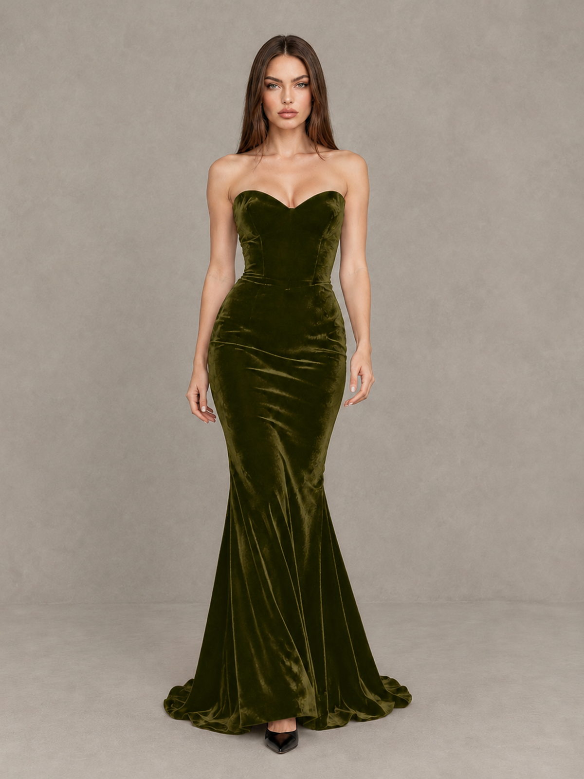 BOLODOO Olive Green Strapless Sweetheart Velvet-Look Mermaid Evening Dress - Olive Green - Olive Green_1