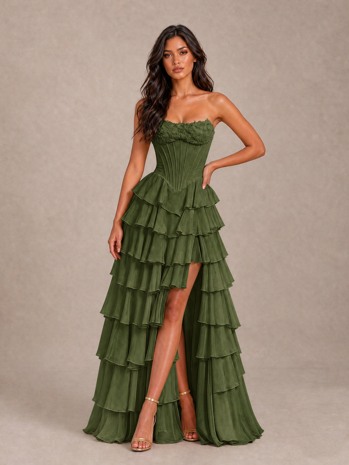 BOLODOO Olive Green Strapless Corset Tiered Ruffle Prom Dress with High Slit - Olive Green - Olive Green_1