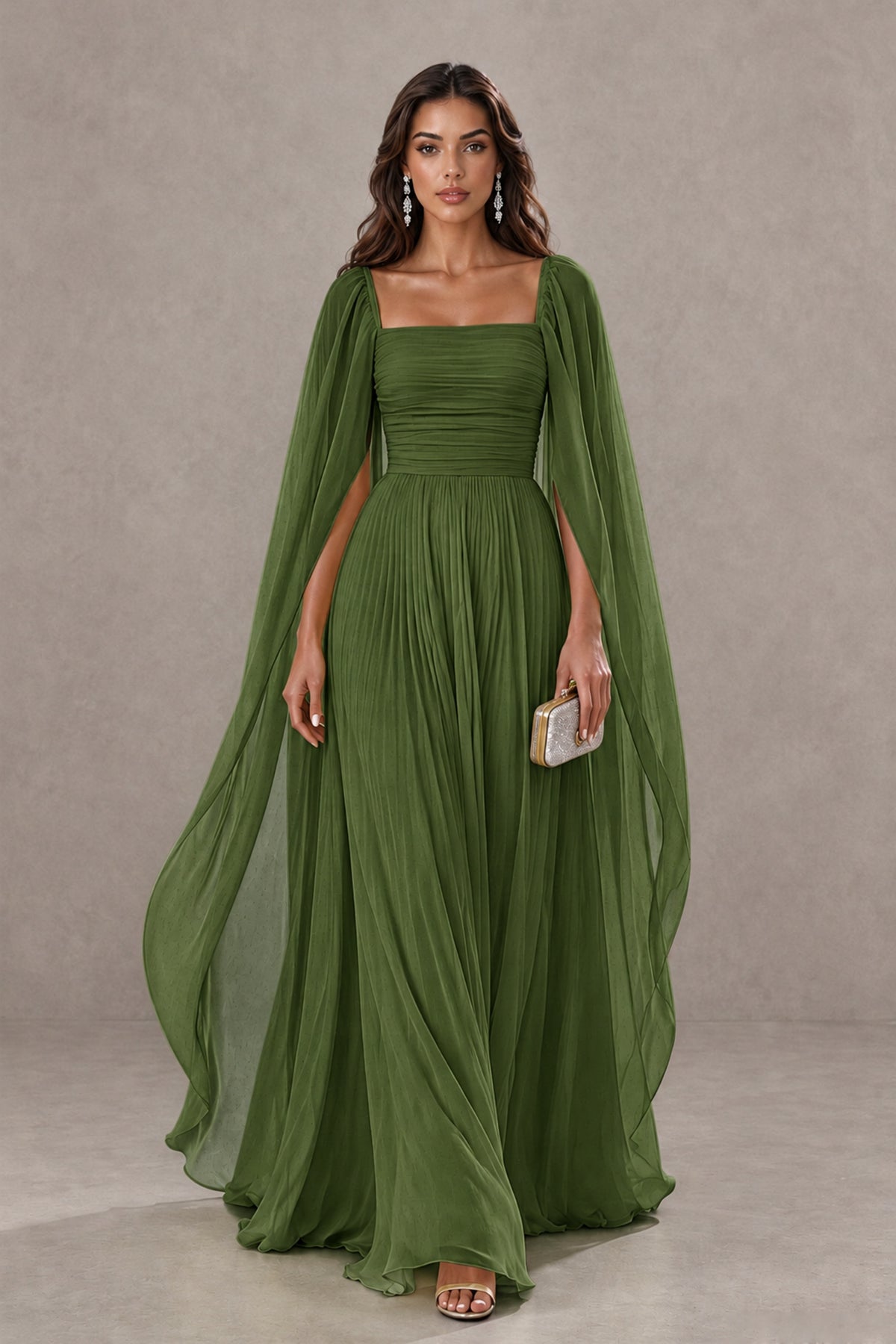 BOLODOO Olive Green Square Neck Cape Sleeve A-Line Evening Dress - Olive Green - Olive_Green_1