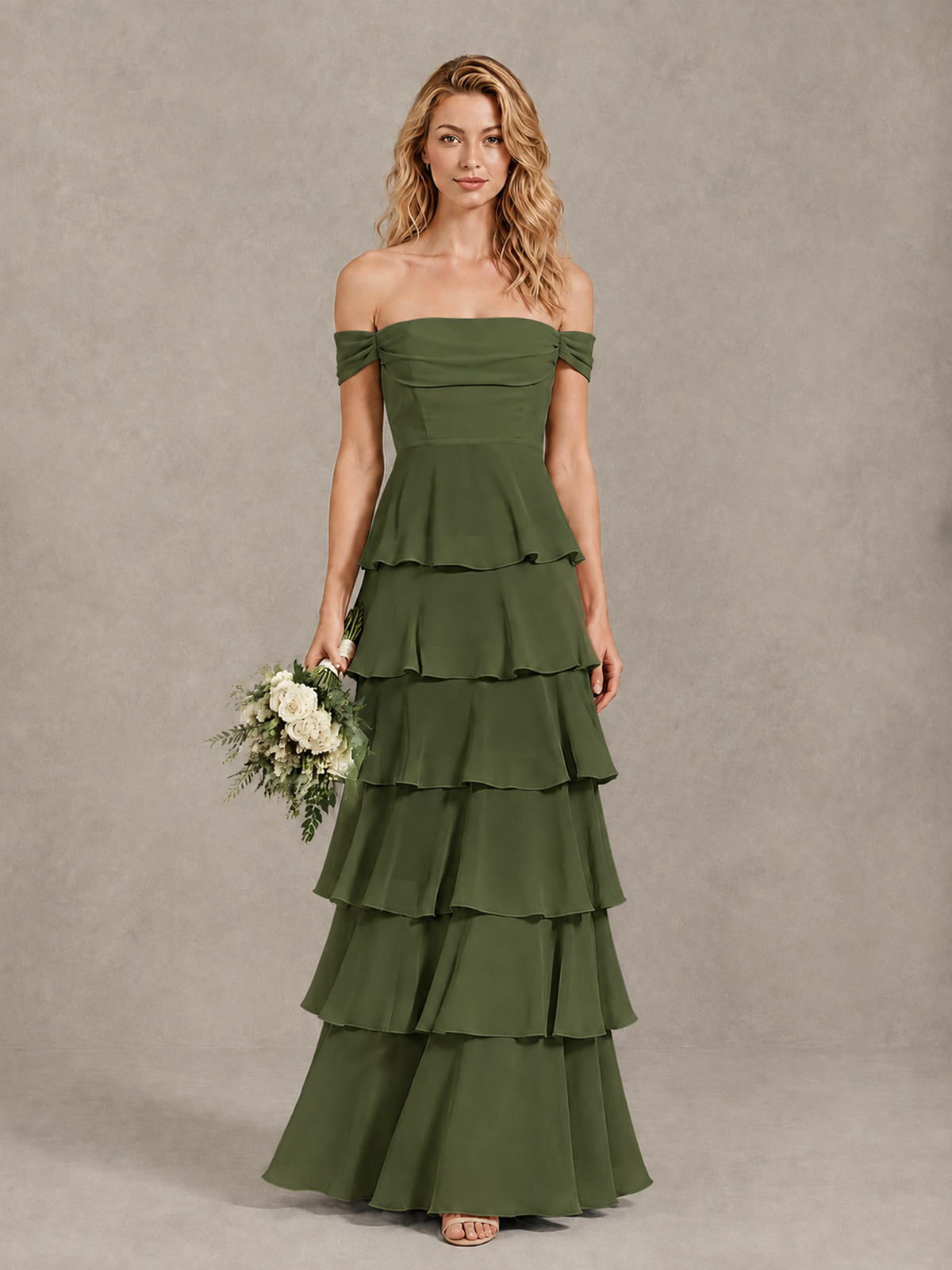 BOLODOO Olive Green Off-Shoulder Tiered Ruffle Bridesmaid Dress with Lace-Up Back - Olive Green - Olive Green_1