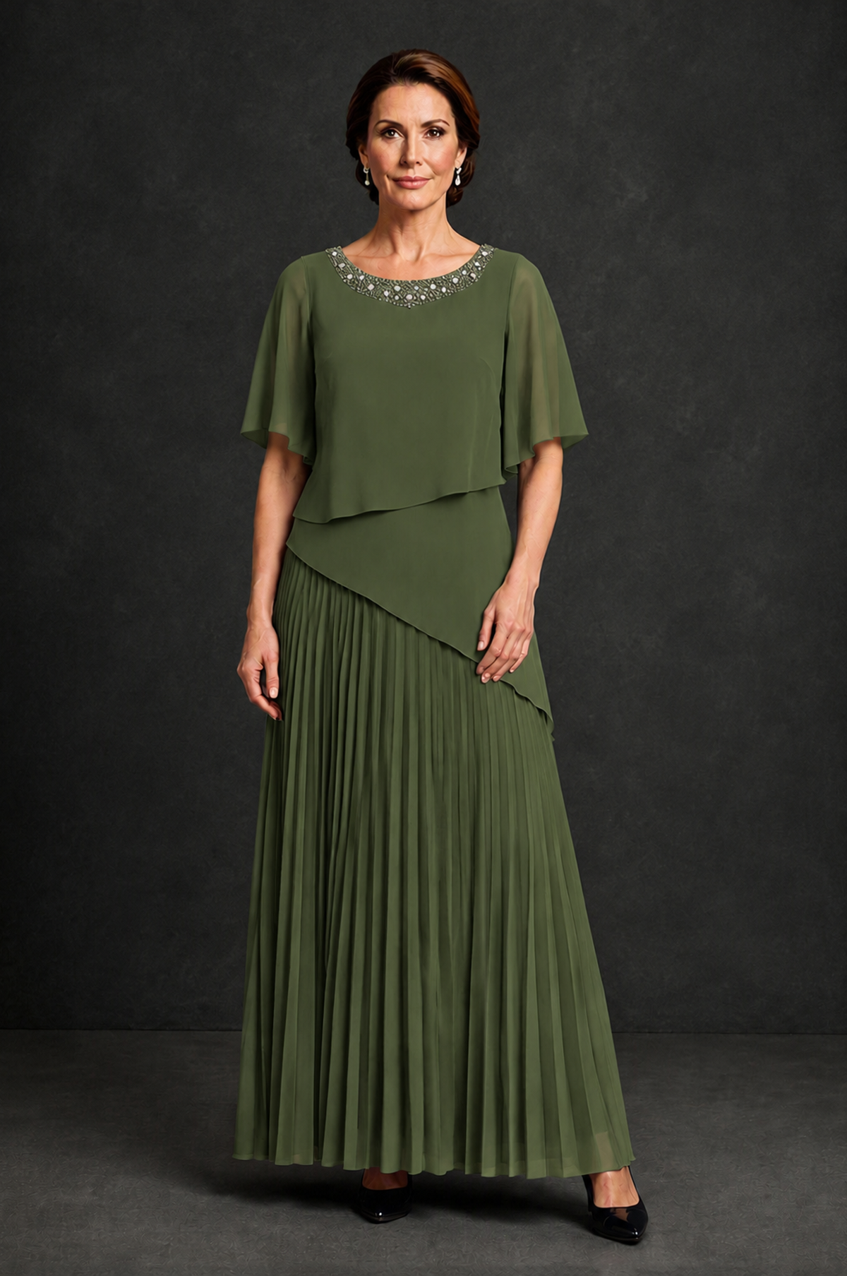 BOLODOO Olive Green Pearl Beaded Neck Asymmetric Tiered Flutter Sleeve Pleated Chiffon Maxi Dress - Olive Green - Olive_Green_1