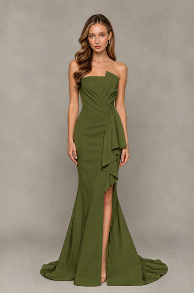 BOLODOO Olive Green Strapless Mermaid Evening Dress with Ruffle Slit and Train - Olive Green - Olive Green_1