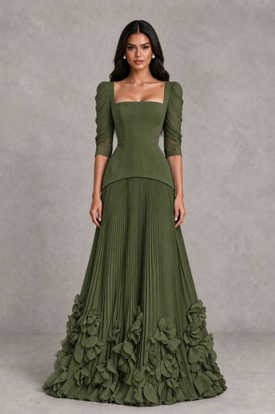 BOLODOO Olive Green Square Neck Pleated Floral Applique Evening Dress - Olive Green - Olive Green_1