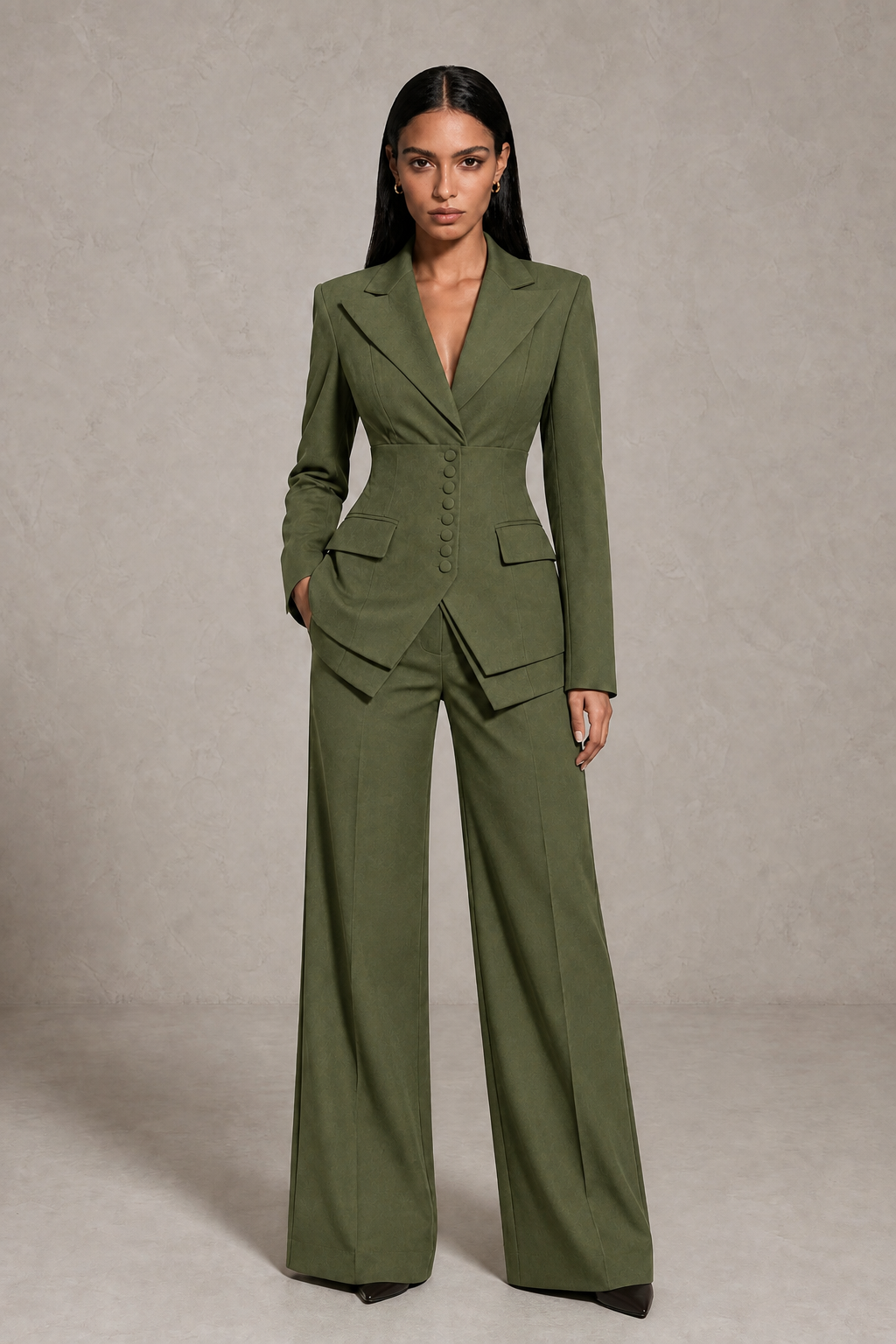 BOLODOO Olive Green Cinched Waist Blazer and Wide Leg Pants Two Piece Suit Set - Olive Green