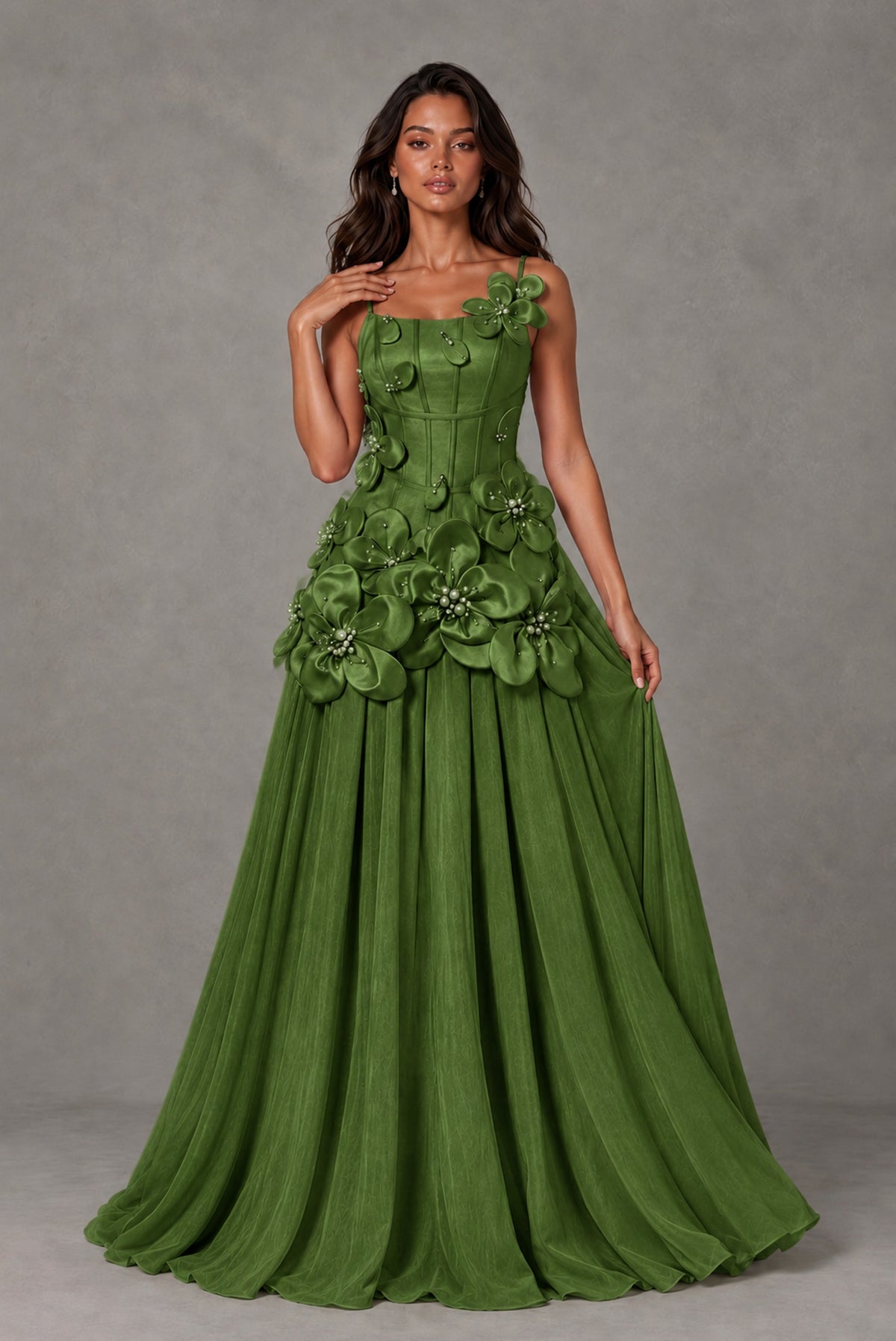 BOLODOO Olive Green 3D Floral Appliqué Floor-Length A-Line Evening Gown - Olive Green