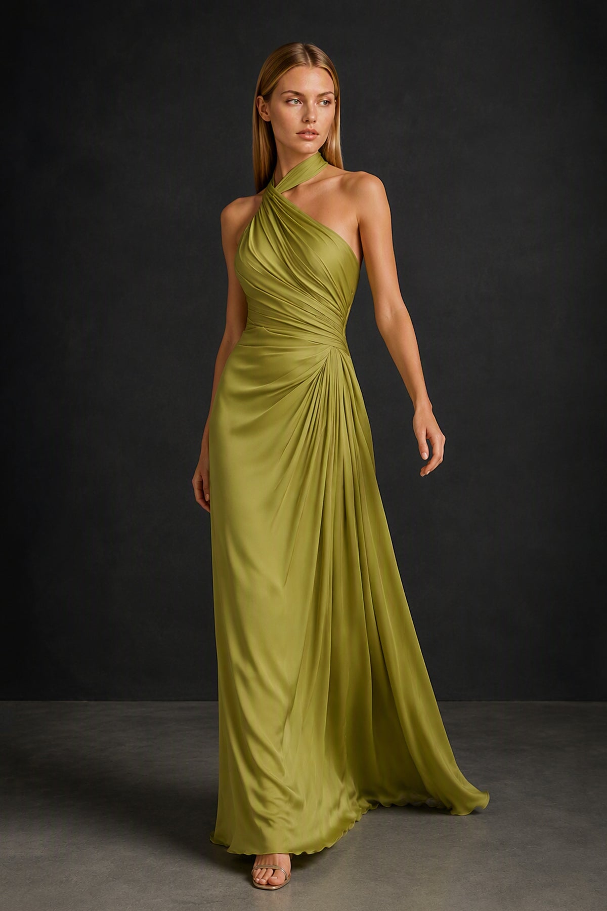 BOLODOO Olive Green Twisted Halter Neck Ruched Sleeveless Open Back Floor-Length Gown - Olive Green