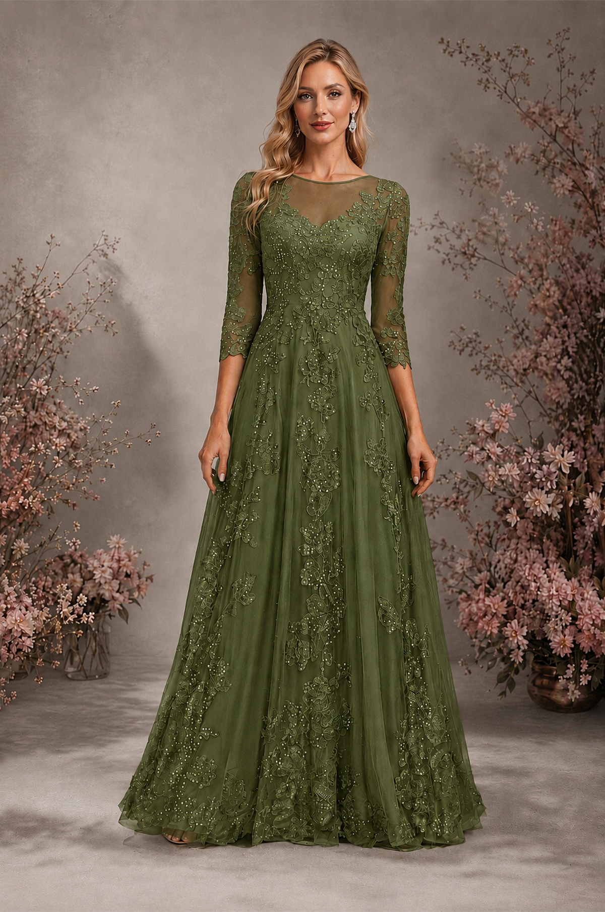 BOLODOO Olive Green Sequin Lace 3/4 Sleeve Open Back Formal Evening Gown - Olive Green