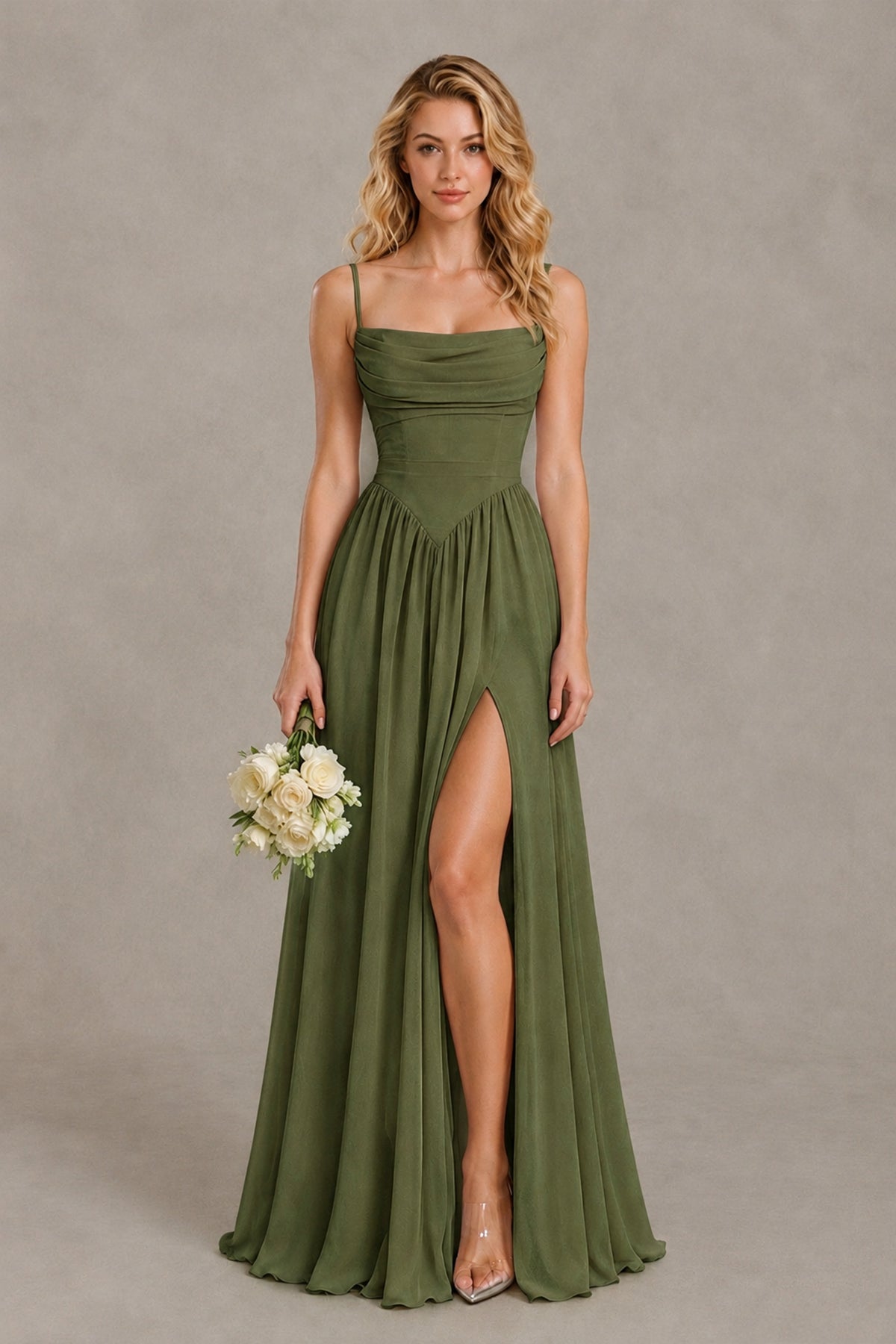 BOLODOO Olive Green Spaghetti Strap A-Line Bridesmaid Dress with Slit - Olive Green - Olive Green_1