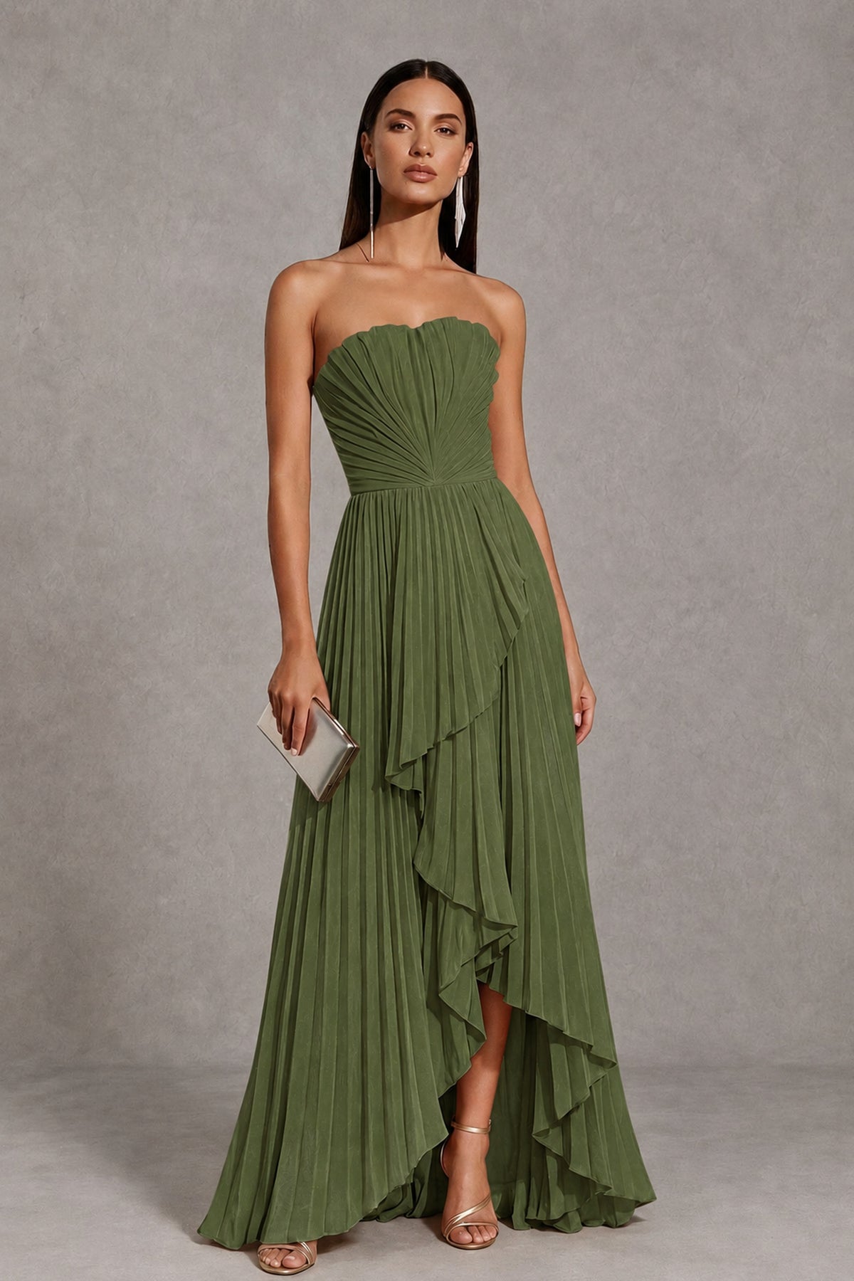Olive Green Strapless Pleated High-Low Evening Gown with Ruffle Hem - Olive Green