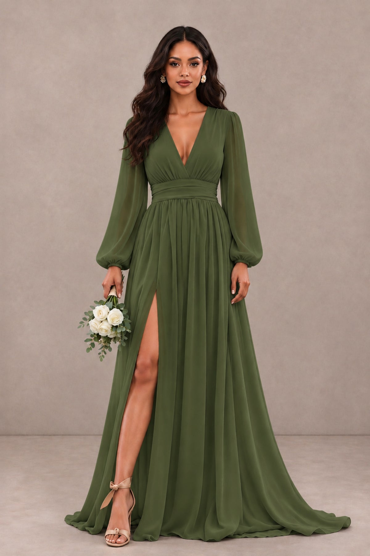 BOLODOO Olive Green Long Sleeve V-Neck A-Line Gown with Open Back & Slit - Olive Green - Olive Green_1
