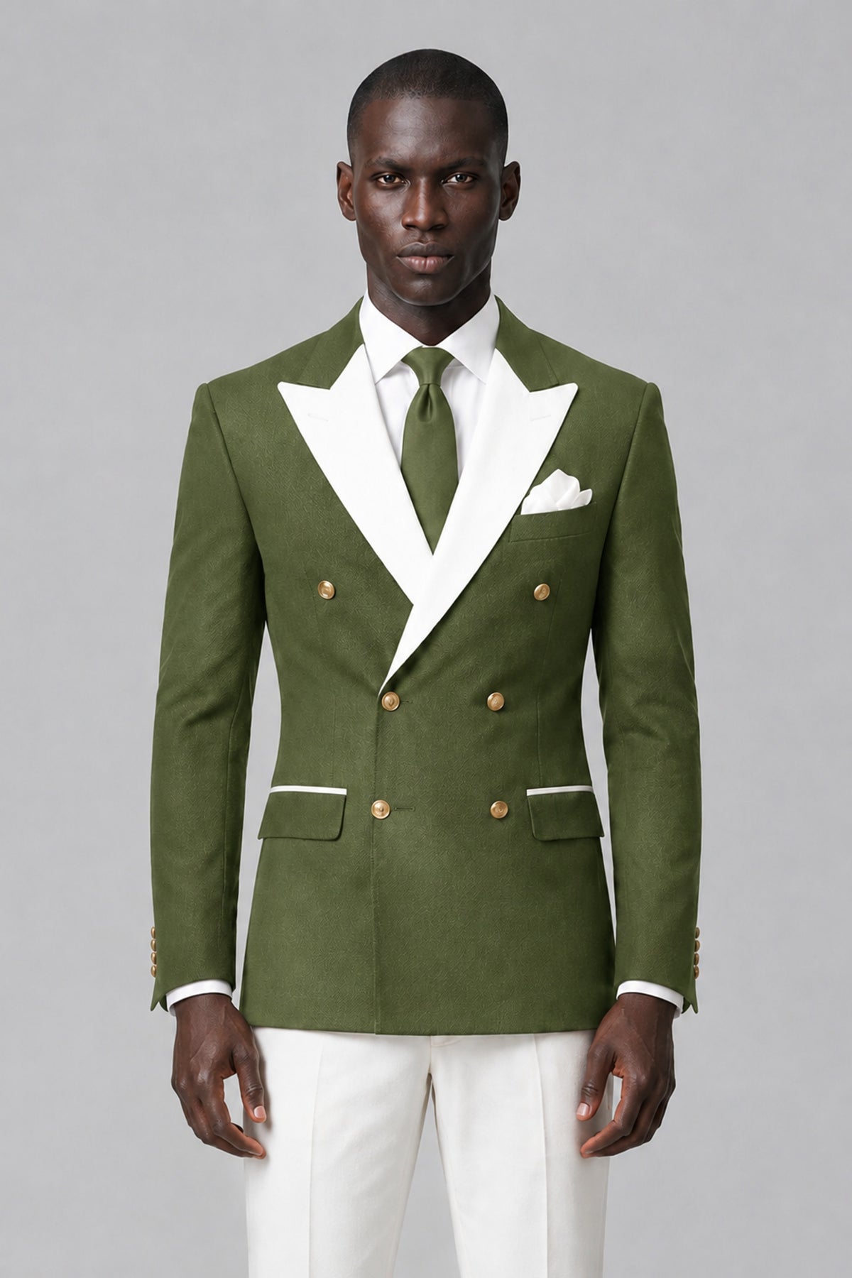 BOLODOO Men's Olive Green Double-Breasted Blazer & Cream Trousers Tuxeto 2-Piece Suit Set - Olive Green - Olive Green_1