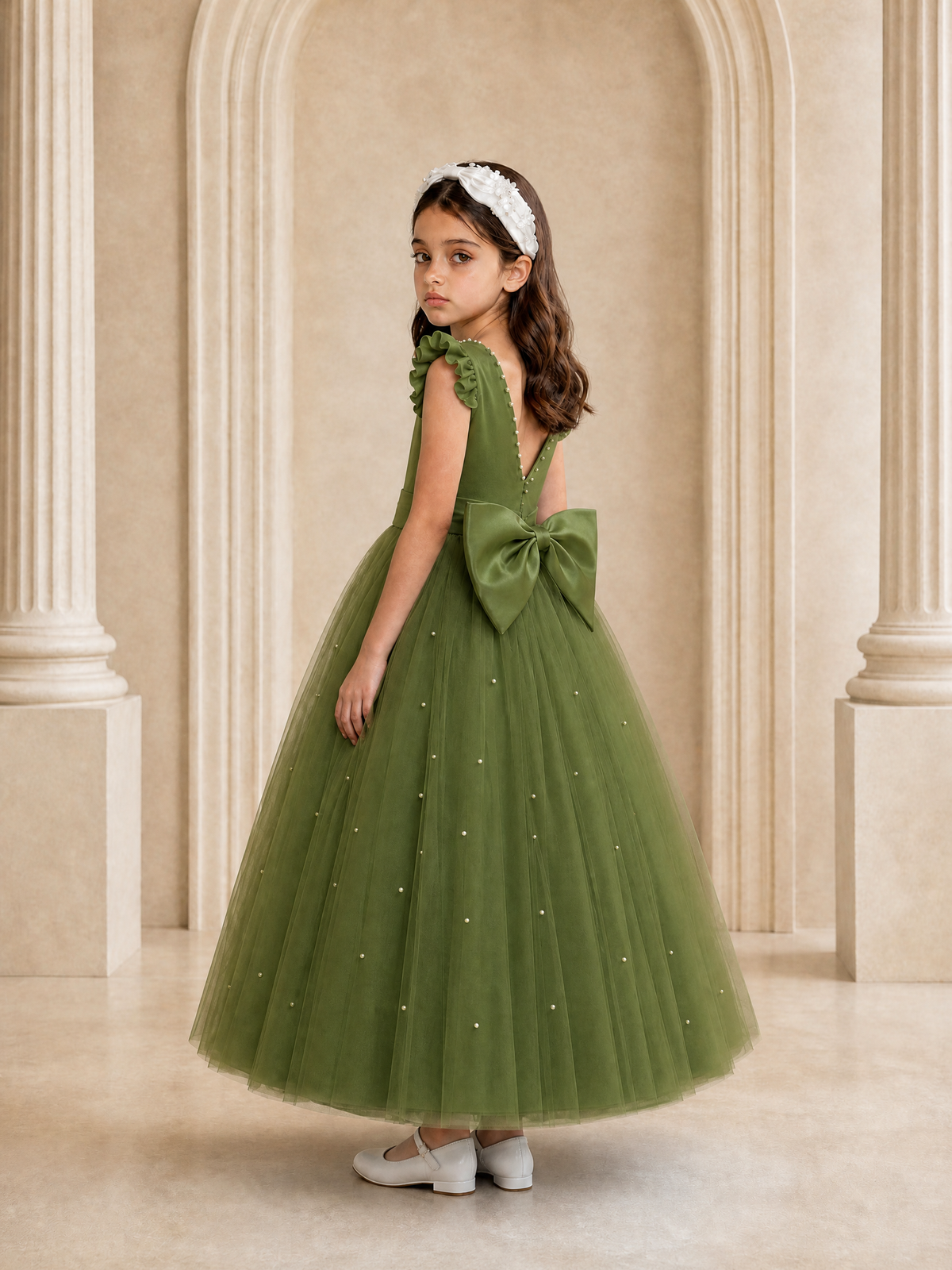 BOLODOO Olive Green Tulle Flower Girl Dress with Ruffle Sleeves & Bow Back - Olive Green - Olive_Green_1