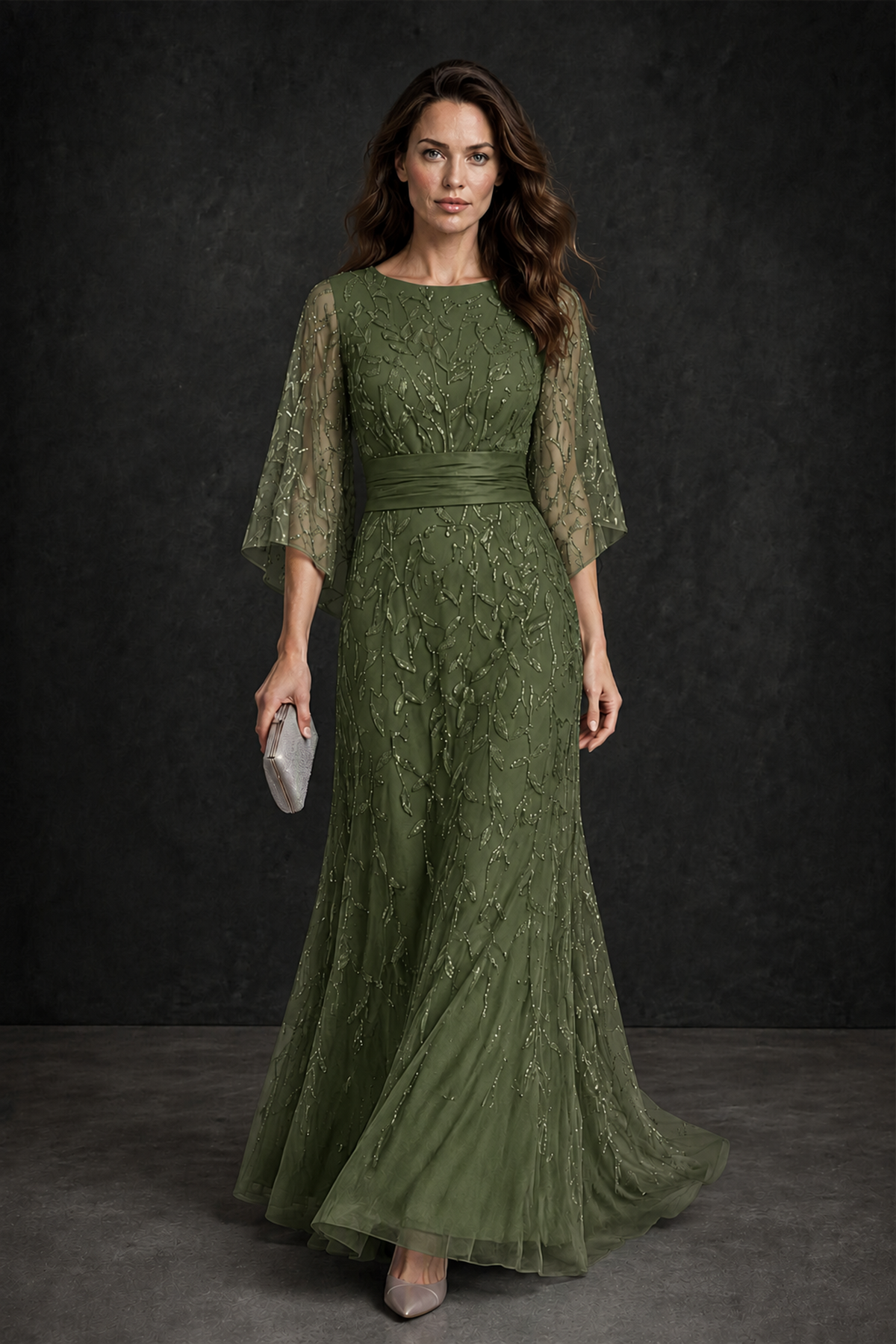 BOLODOO Olive Green Bateau Neck Bell Sleeve Sequin Embroidered Satin Waist A-Line Maxi Dress - Olive Green - Olive_Green_1