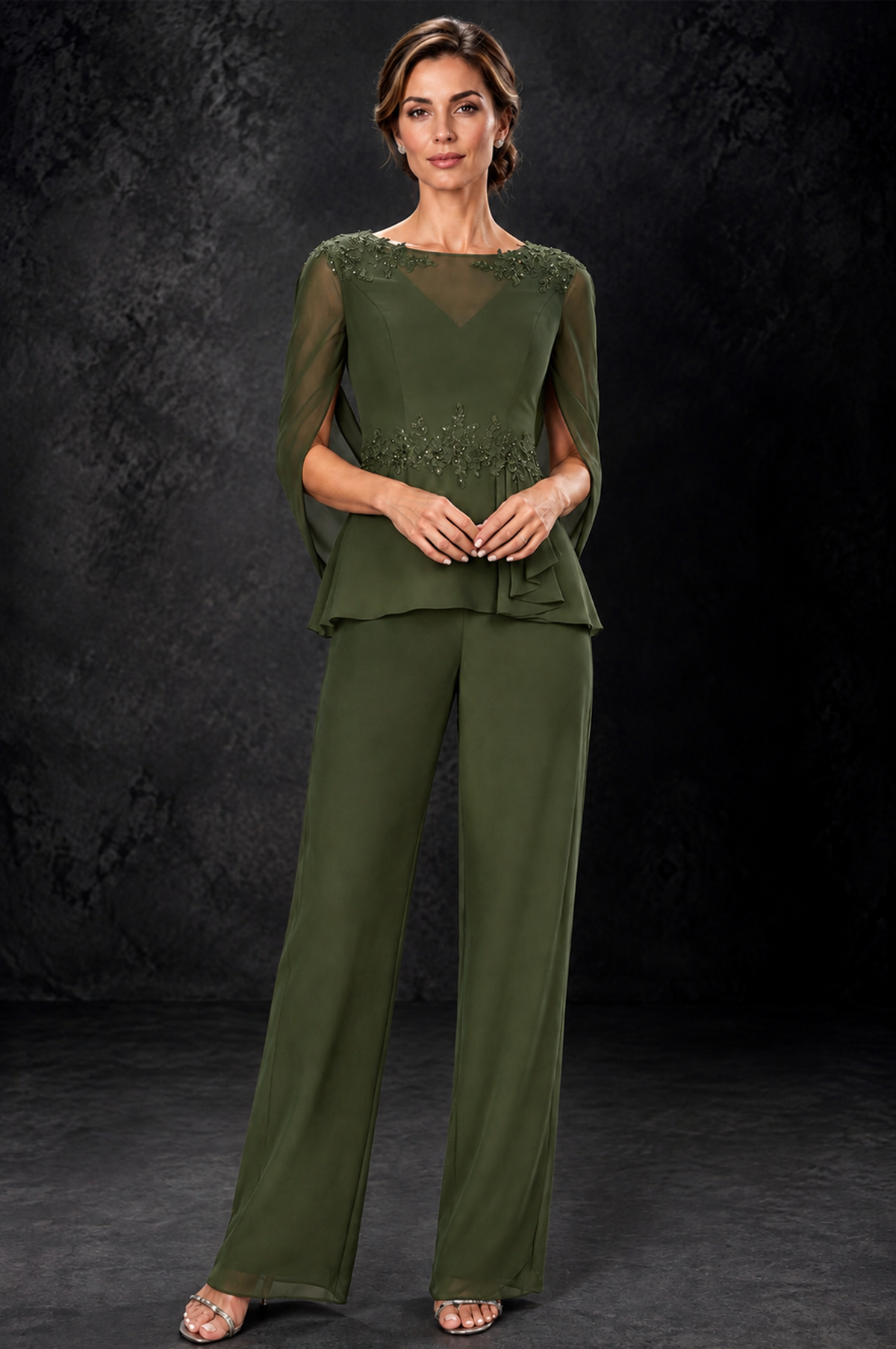 BOLODOO Olive Green Embellished Cape Sleeve Mother of the Bride Pantsuit - Olive Green - Olive_Green_1