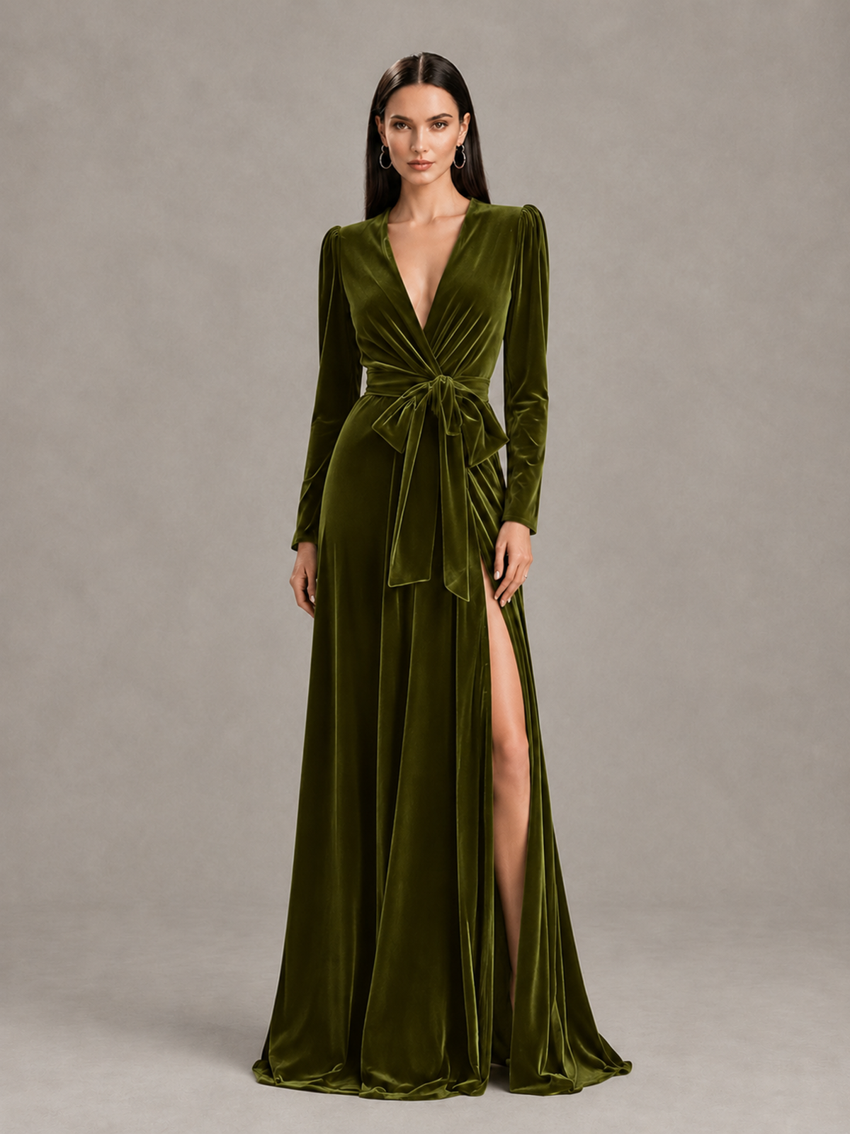 BOLODOO Olive Green Long Sleeve Velvet-Look Evening Dress with High Slit - Olive Green - Olive Green_1