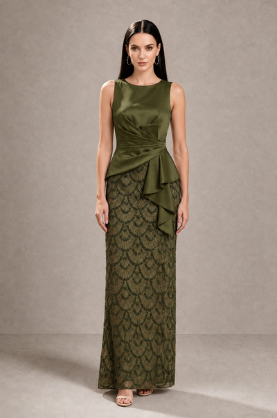 BOLODOO Olive Green Sleeveless Satin & Lace Peplum Evening Dress - Olive Green - Olive_Green_1