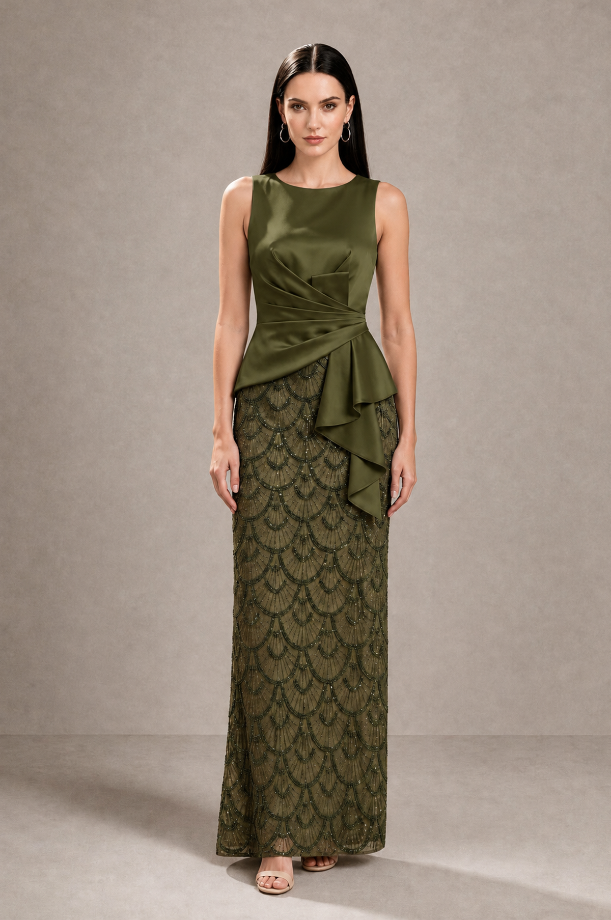BOLODOO Olive Green Sleeveless Satin & Lace Peplum Evening Dress - Olive Green - Olive_Green_1