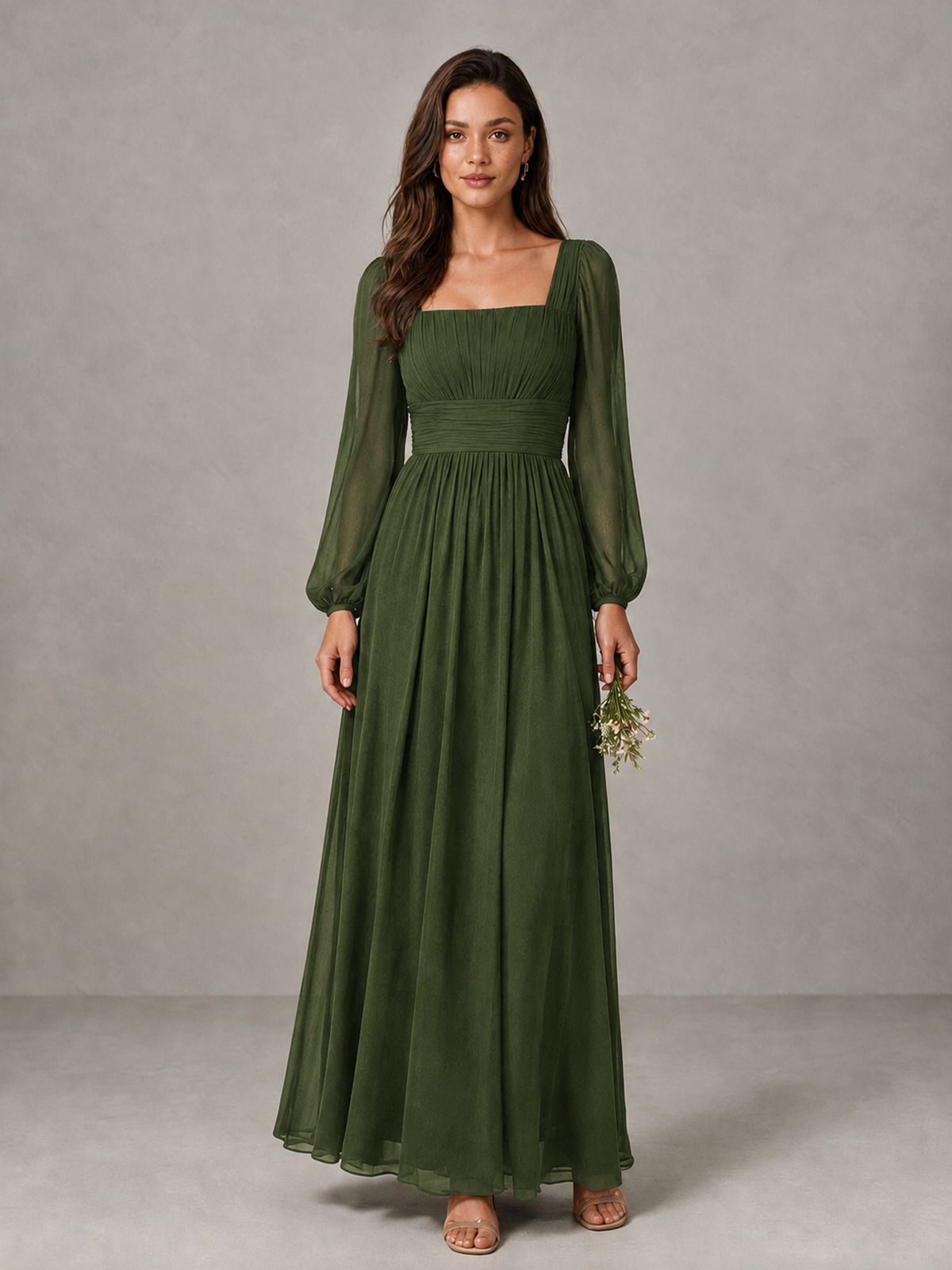 BOLODOO Olive Green Square Neck Long Sleeve Chiffon Bridesmaid Dress - Olive Green - Olive Green_1