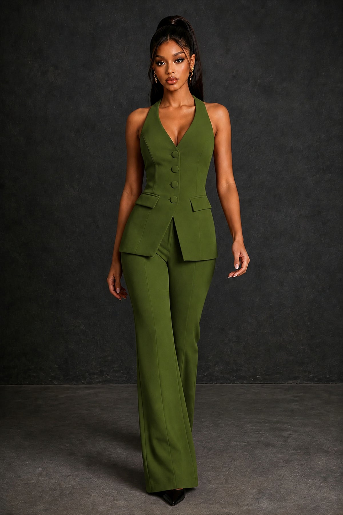 BOLODOO Olive Green Halter Neck Deep V Open Back– Formal Suit with Wide-Leg Pants - Olive Green