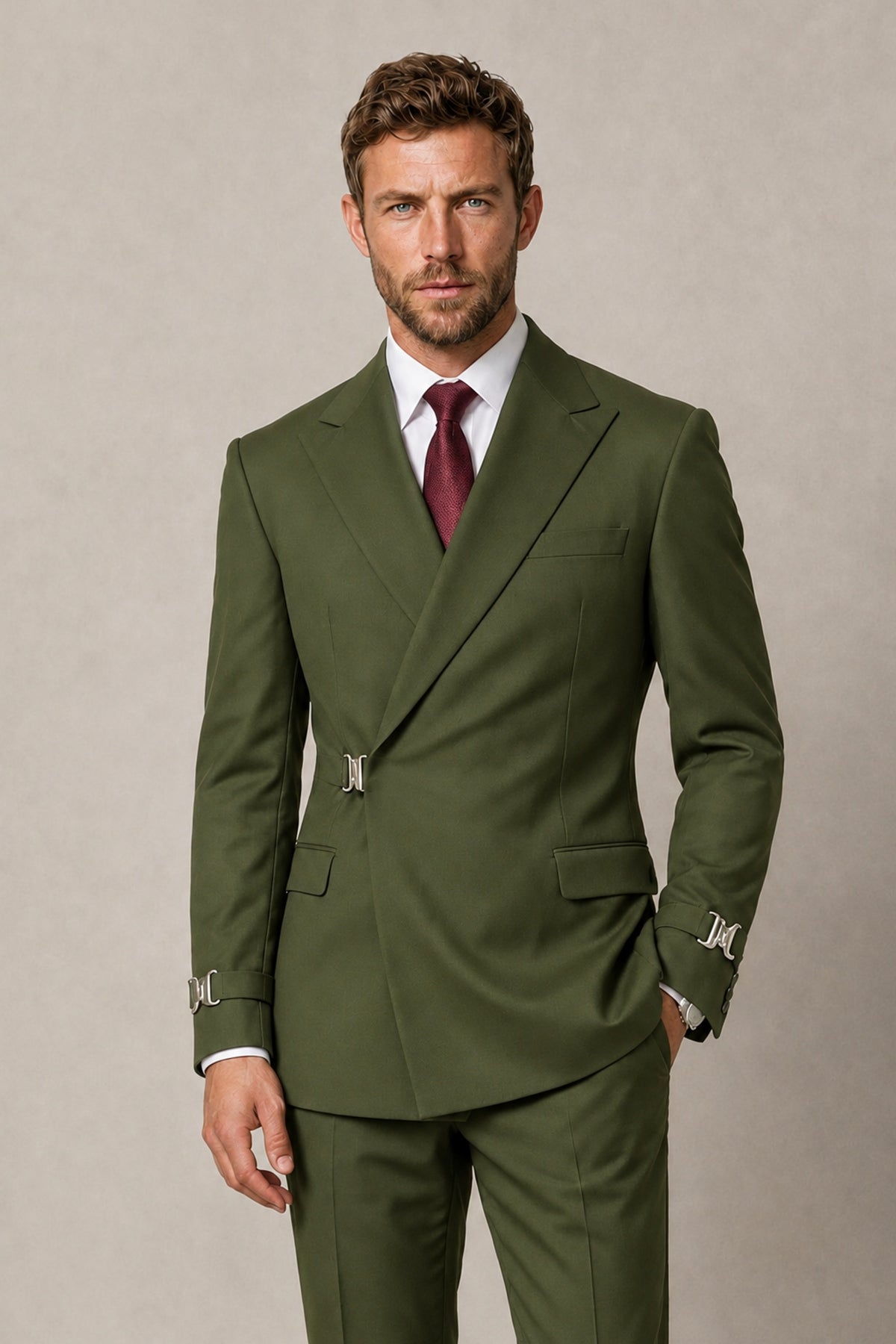 BOLODOO Men's Olive Green Double-Breasted 2-Piece Suit Set – Blazer & Tailored Trousers - Olive Green