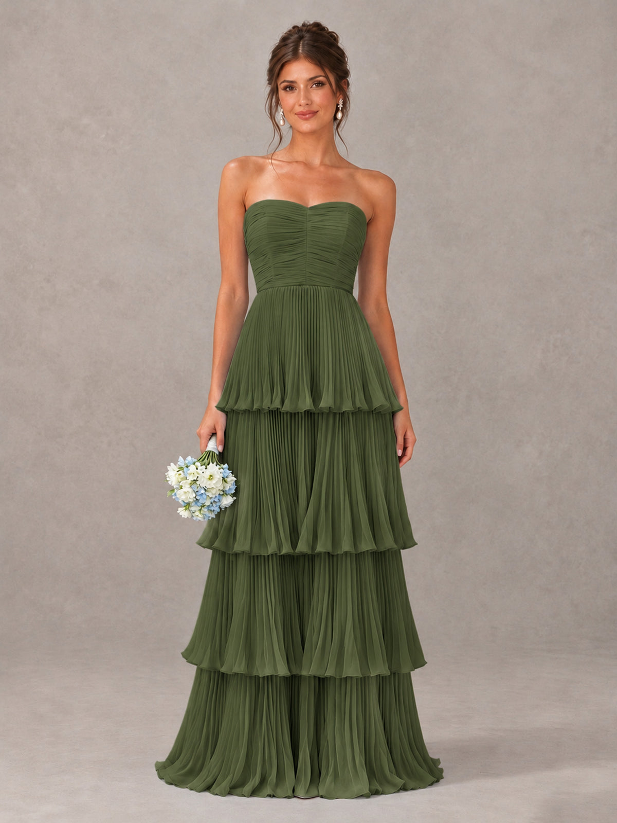 BOLODOO Olive Green Strapless Tiered Pleated Bridesmaid Dress - Olive Green - Olive Green_1