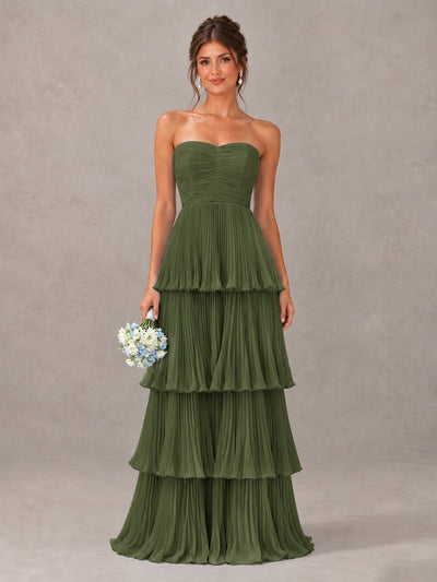 BOLODOO Olive Green Strapless Tiered Pleated Bridesmaid Dress - Olive Green - Olive Green_1