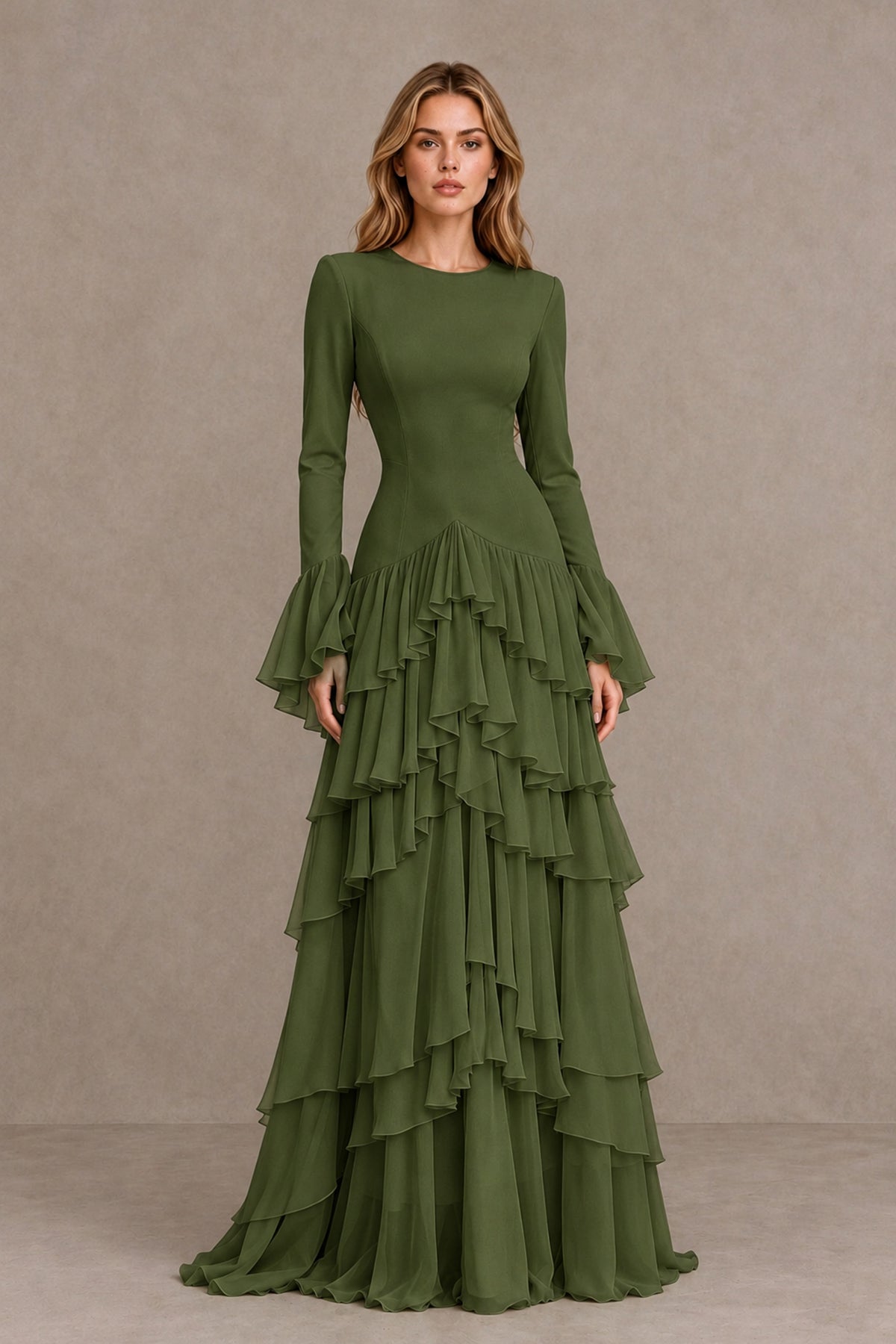 Olive Green Long Sleeve Tiered Ruffle Evening Gown - Olive Green - Olive Green_1
