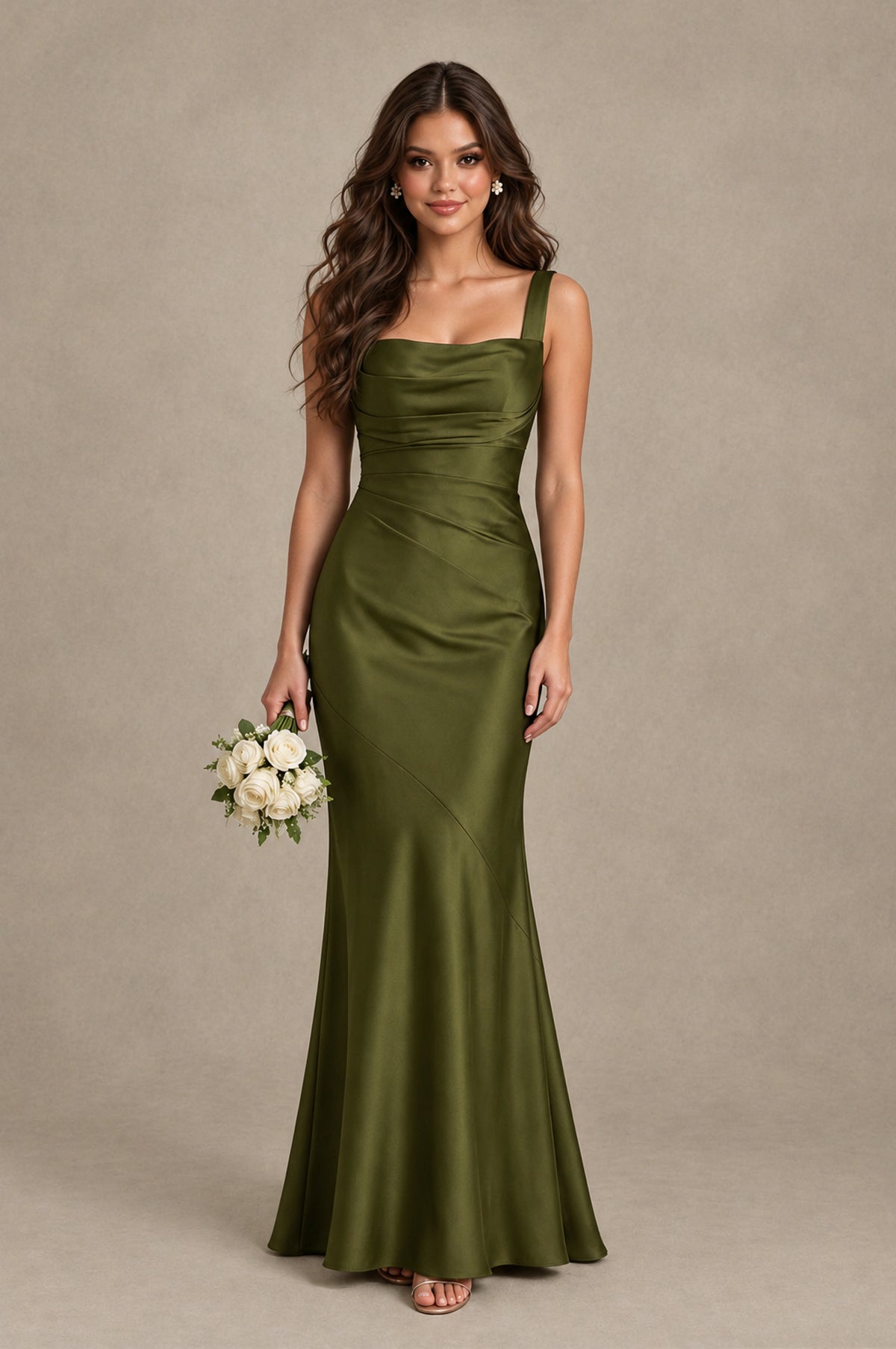 BOLODOO Olive Green Square Neck Ruched Satin Lace-Up Bridesmaid Dress - Olive Green - Olive Green_1
