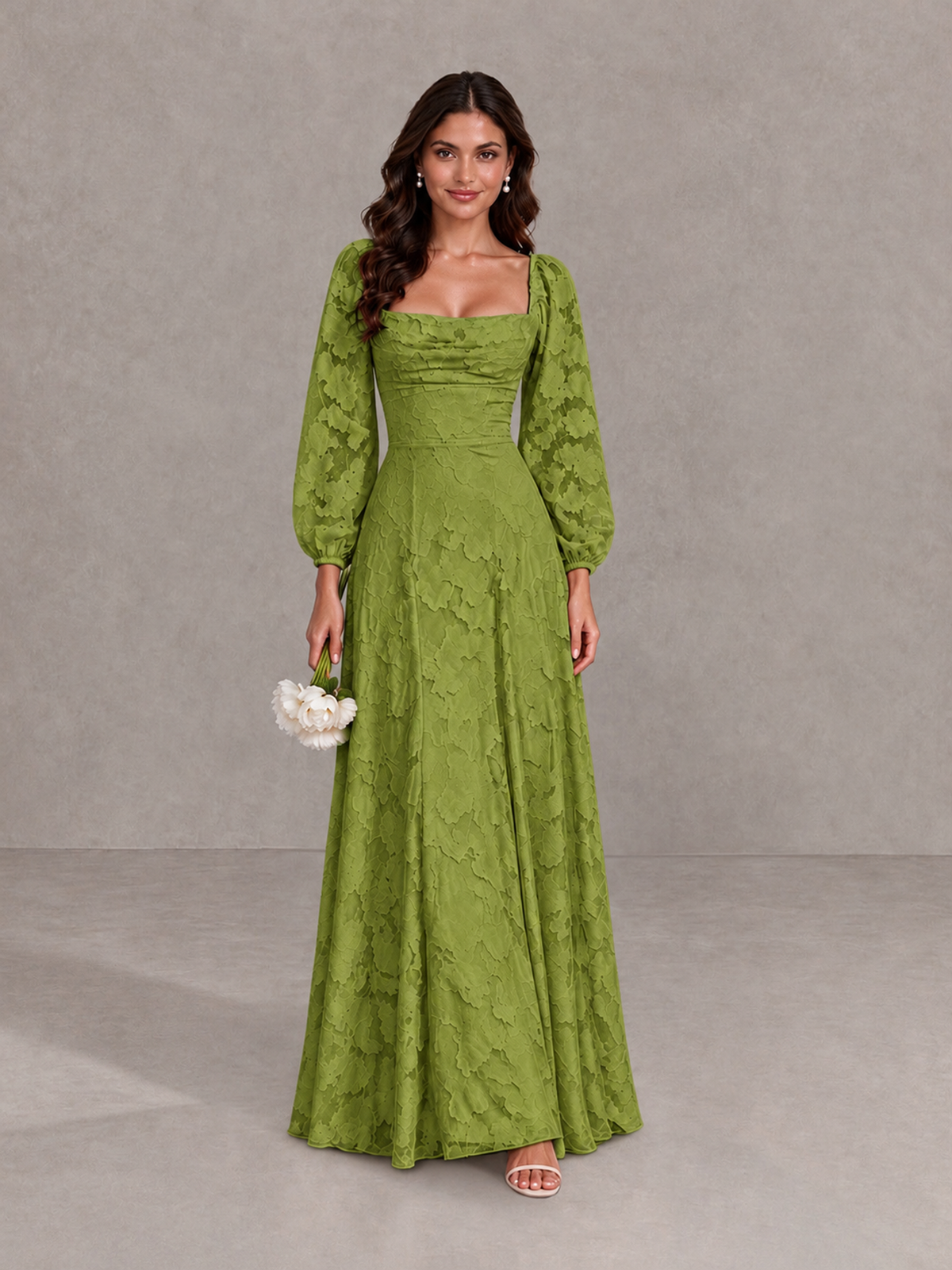 BOLODOO Olive Green Floral Long Sleeve A-Line Bridesmaid Dress - Olive Green - Olive Green_1