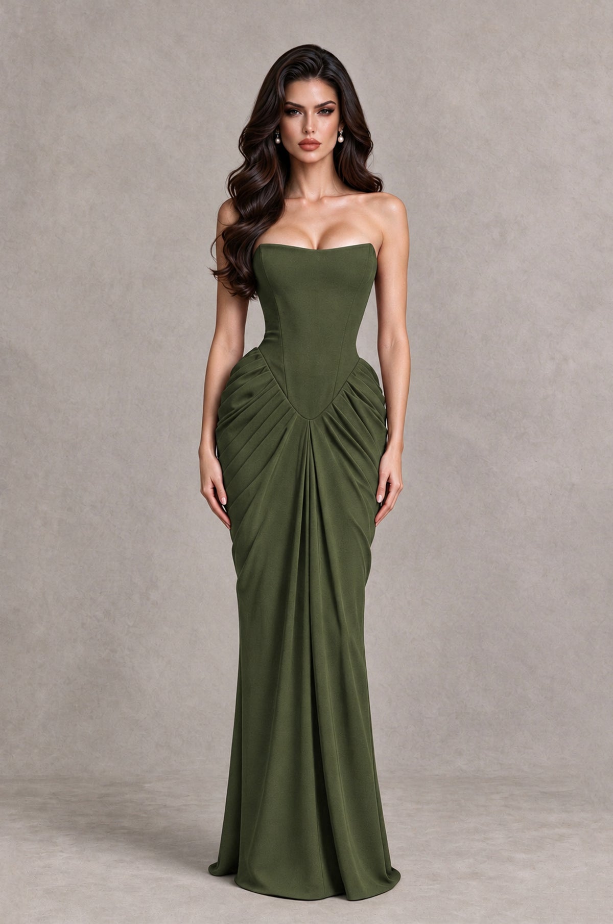 BOLODOO Olive Green Strapless Ruched Corset Evening Gown - Olive Green - Olive Green_1