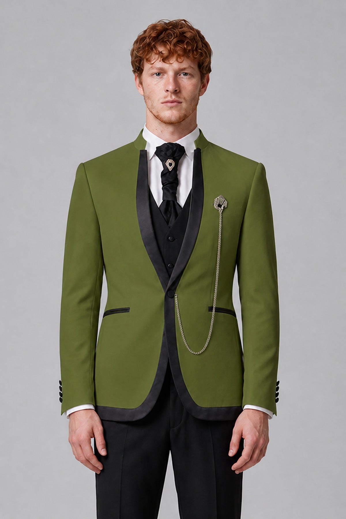 Bolodoo Men's Olive Green 3-Piece Shawl Lapel Tuxedo Suit with Vest - Olive Green - Olive Green_1