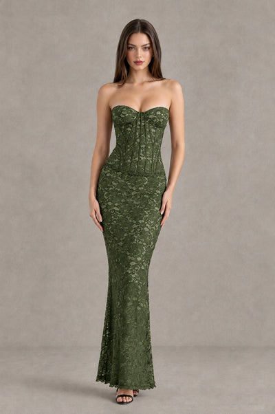 BOLODOO Olive Green Strapless Lace Corset Wedding Guest Dress - Olive Green - Olive Green_1