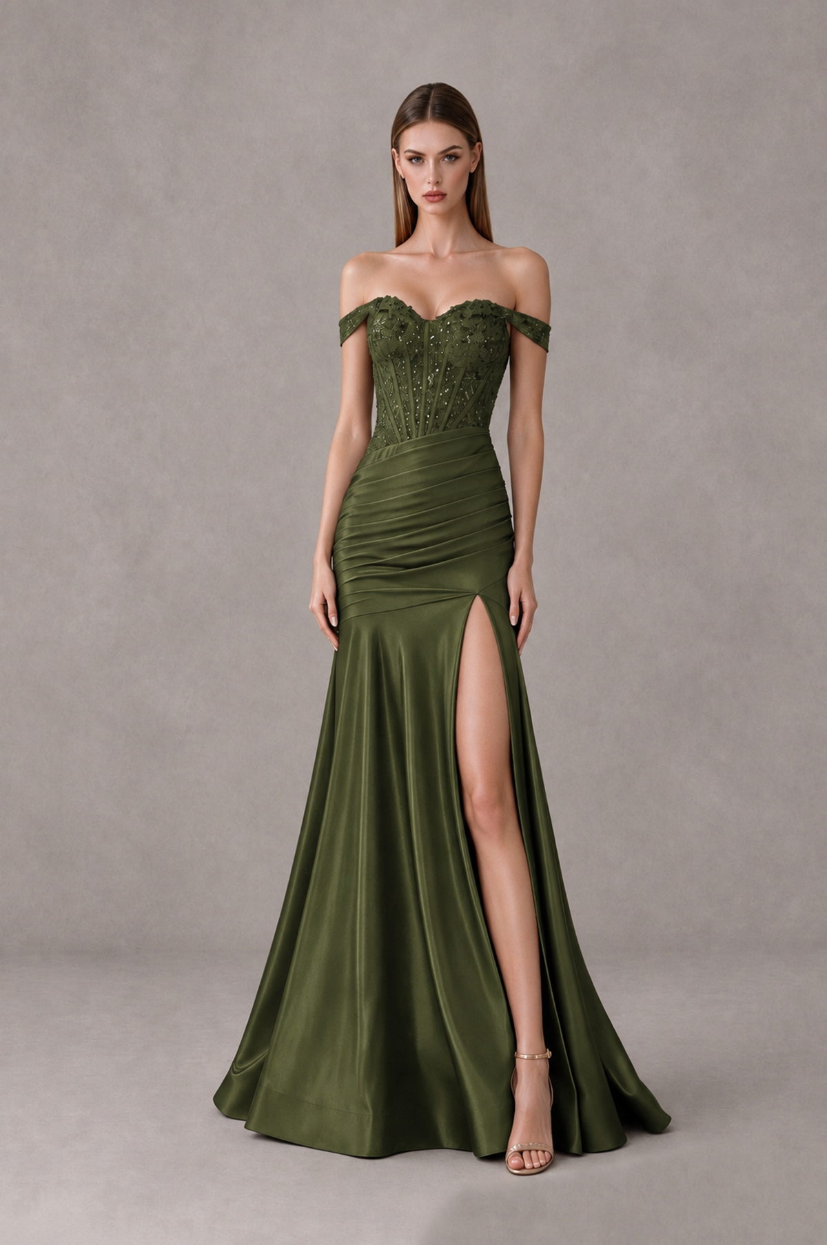 BOLODOO Olive Green Off-Shoulder Corset Mermaid Prom Dress with Slit Sequin Lace Evening Gown - Olive Green - Olive Green_1
