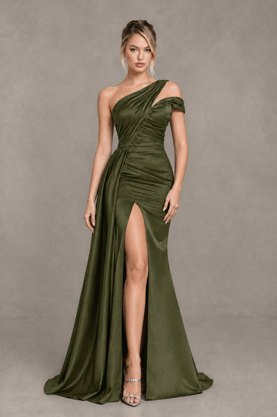BOLODOO Olive Green Asymmetric Ruched Formal Evening Dress - Olive Green - Olive Green_1