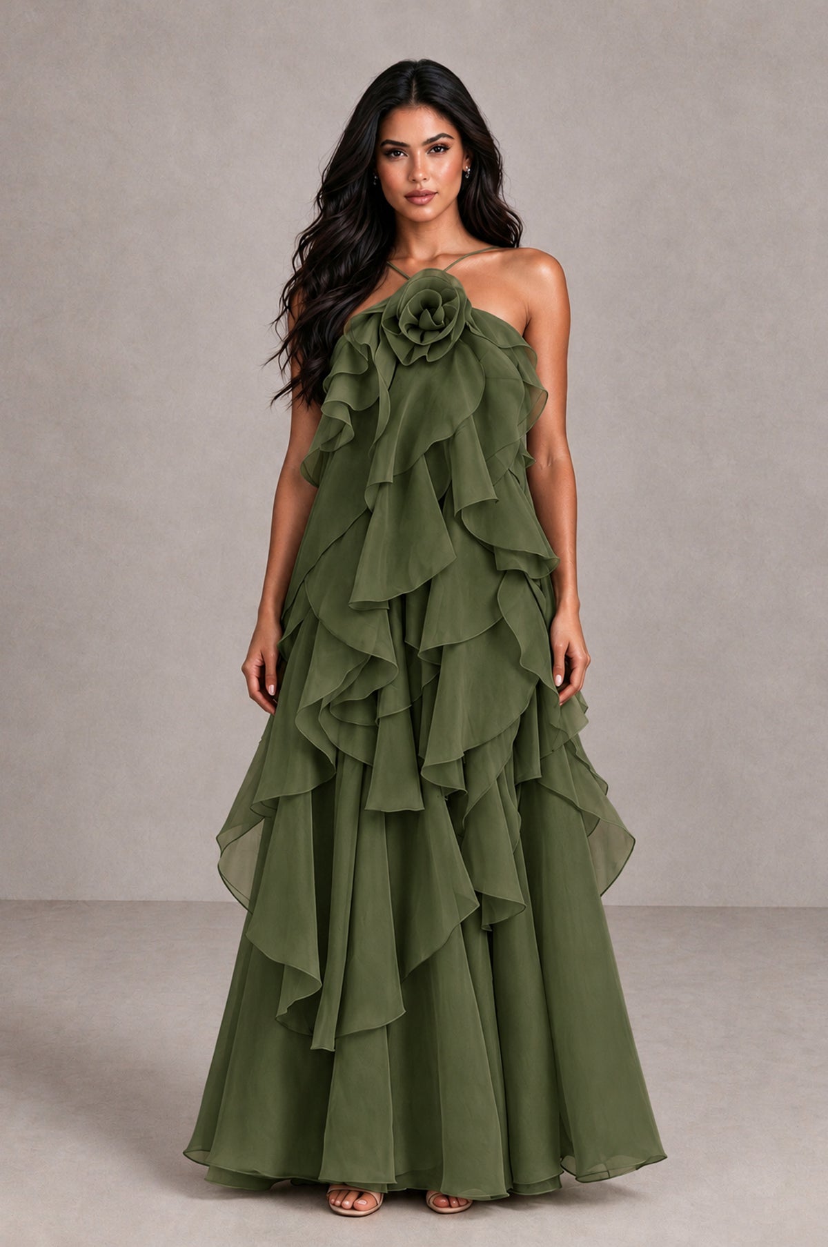 BOLODOO Olive Green Cascading Ruffle Rosette Open-Back Maxi Dress - Olive Green - Olive Green_1
