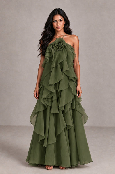 BOLODOO Olive Green Cascading Ruffle Rosette Open-Back Maxi Dress - Olive Green - Olive Green_1