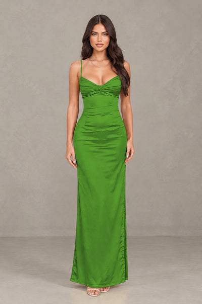 BOLODOO Olive Green Satin Cowl Neck Open Back Mermaid Maxi Dress with Side Slit - Olive Green