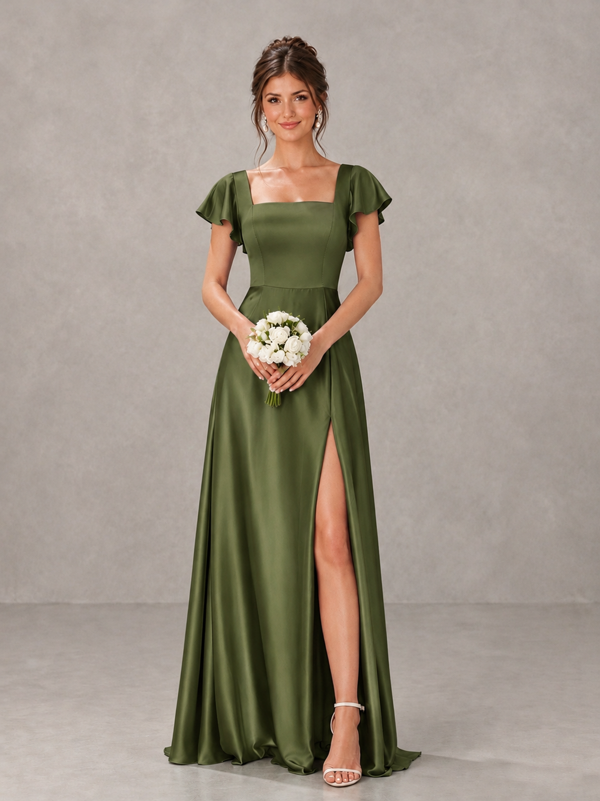 BOLODOO Olive Green Satin Square Neck Flutter Sleeve A-Line Bridesmaid Dress with Slit - Olive Green - Olive Green_1