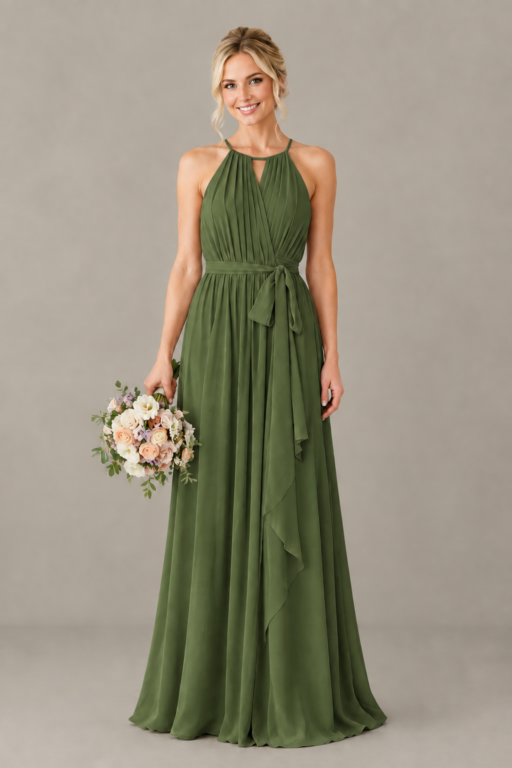BOLODOO Olive Green Halter Chiffon Bridesmaid Dress with High Slit - Olive Green