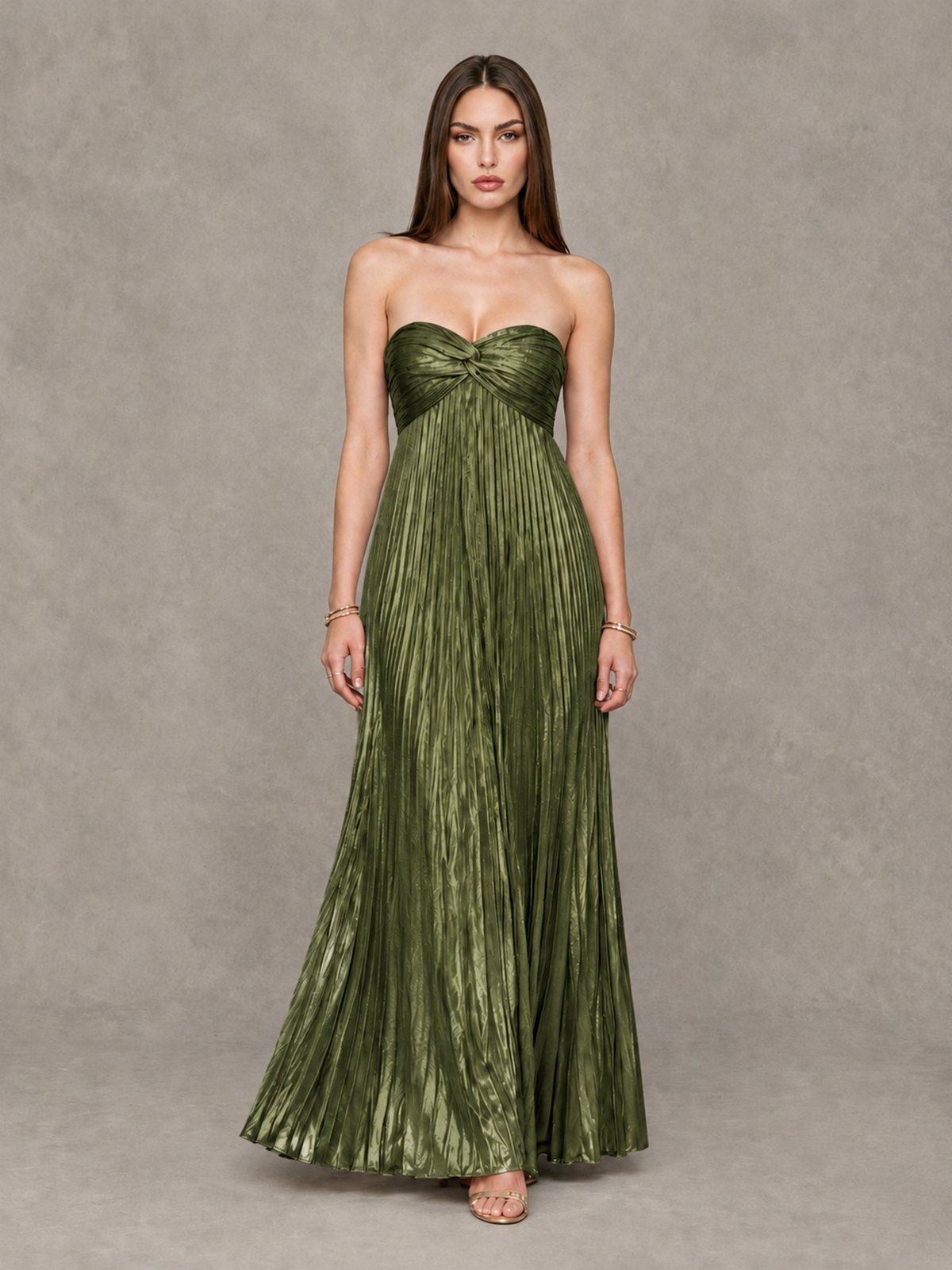BOLODOO Olive Green Strapless Sweetheart Metallic Pleated Maxi Dress - Olive Green - Olive Green_1