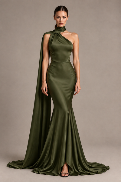 BOLODOO Olive Green One-Shoulder Satin Mermaid Evening Dress with Scarf - Olive Green - Olive Green_1