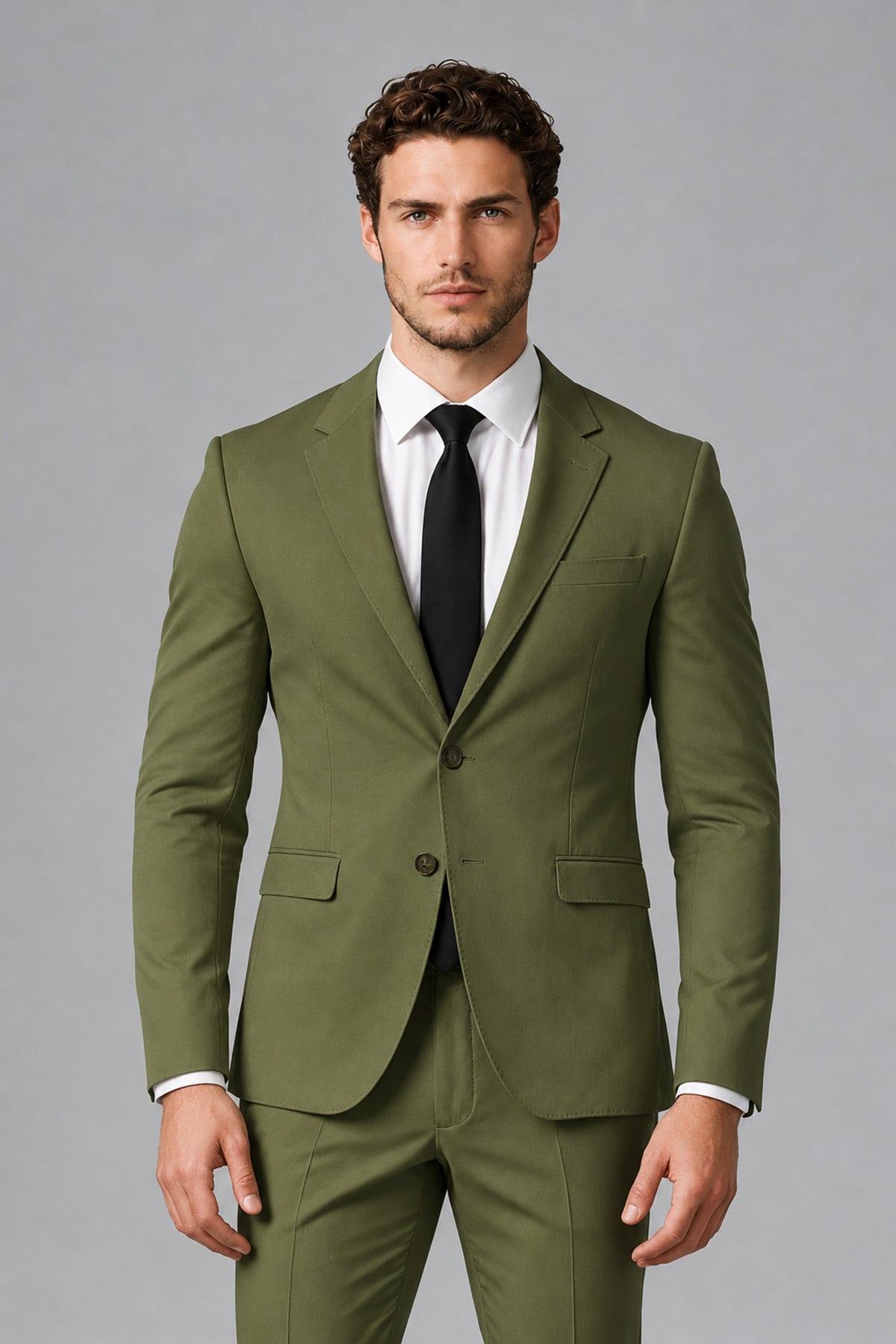 Bolodoo Men's Olive Green Two-Piece Suit with Notch-Lapel Jacket & Trousers - Olive Green - Olive_Green_1
