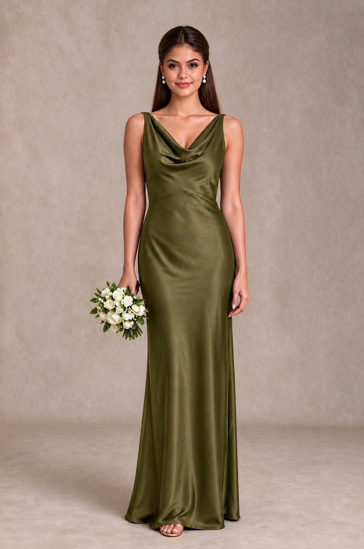 BOLODOO Olive Green Cowl Neck Open Back Satin Bridesmaid Dress - Olive Green - Olive Green_1